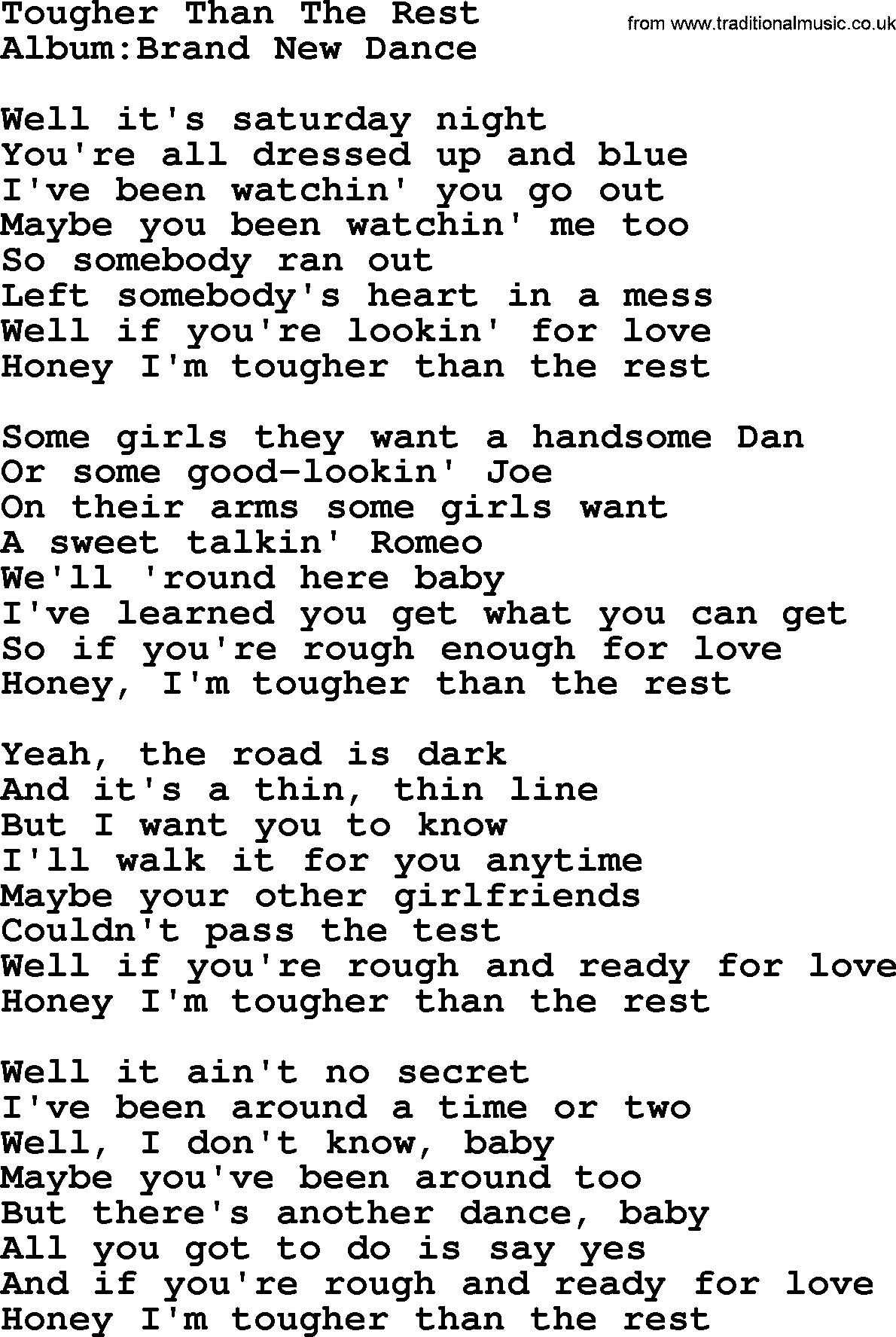Emmylou Harris song: Tougher Than The Rest lyrics