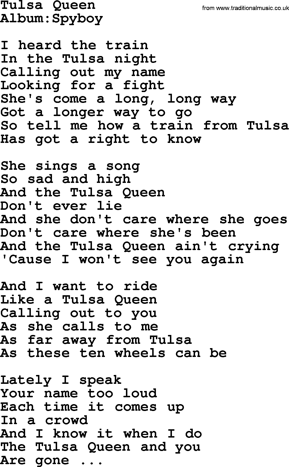 Emmylou Harris song: Tulsa Queen lyrics