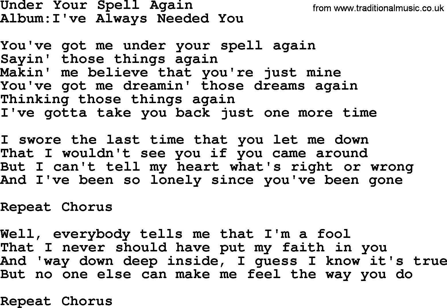 Emmylou Harris song: Under Your Spell Again lyrics