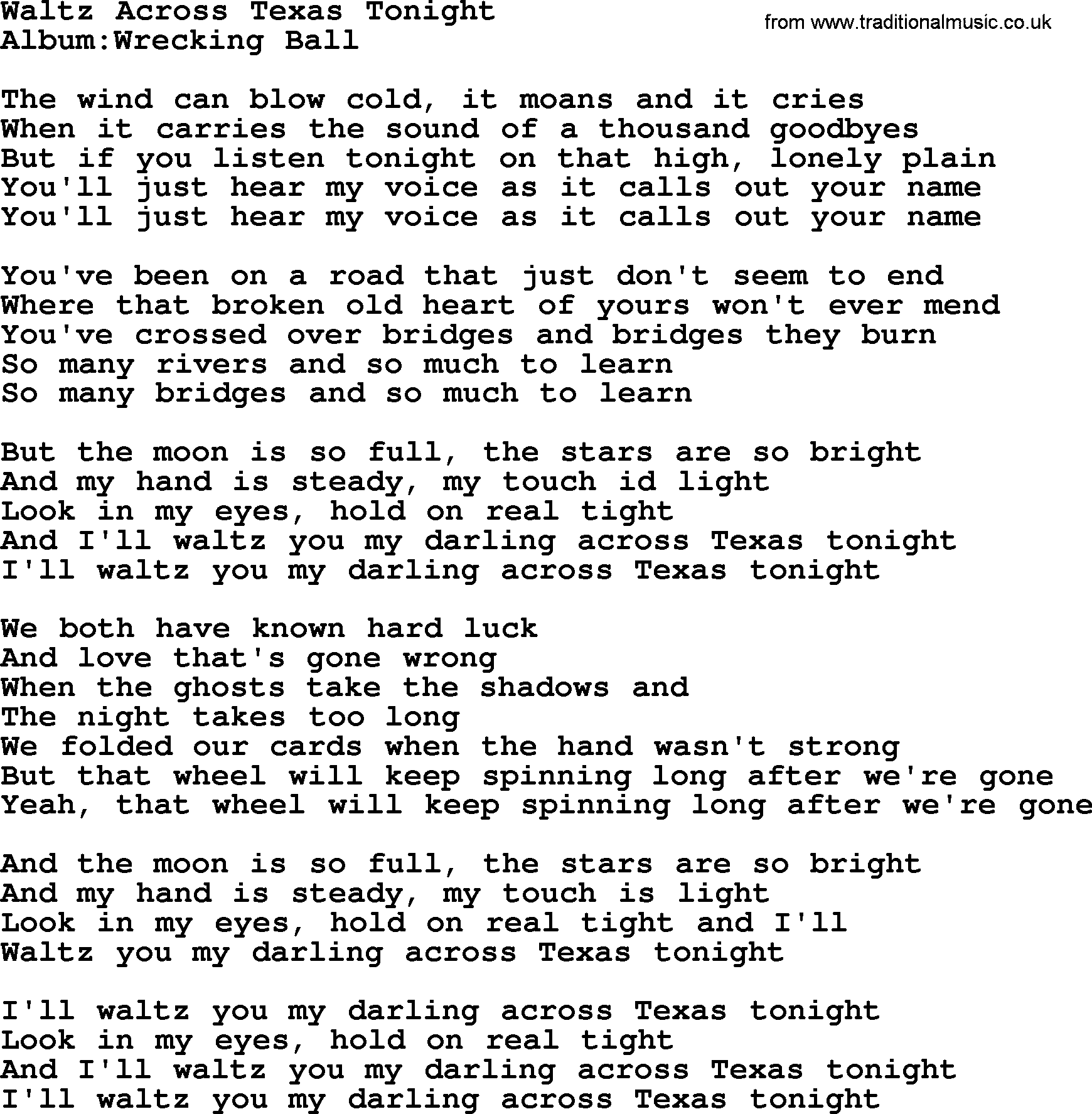 Emmylou Harris song: Waltz Across Texas Tonight lyrics