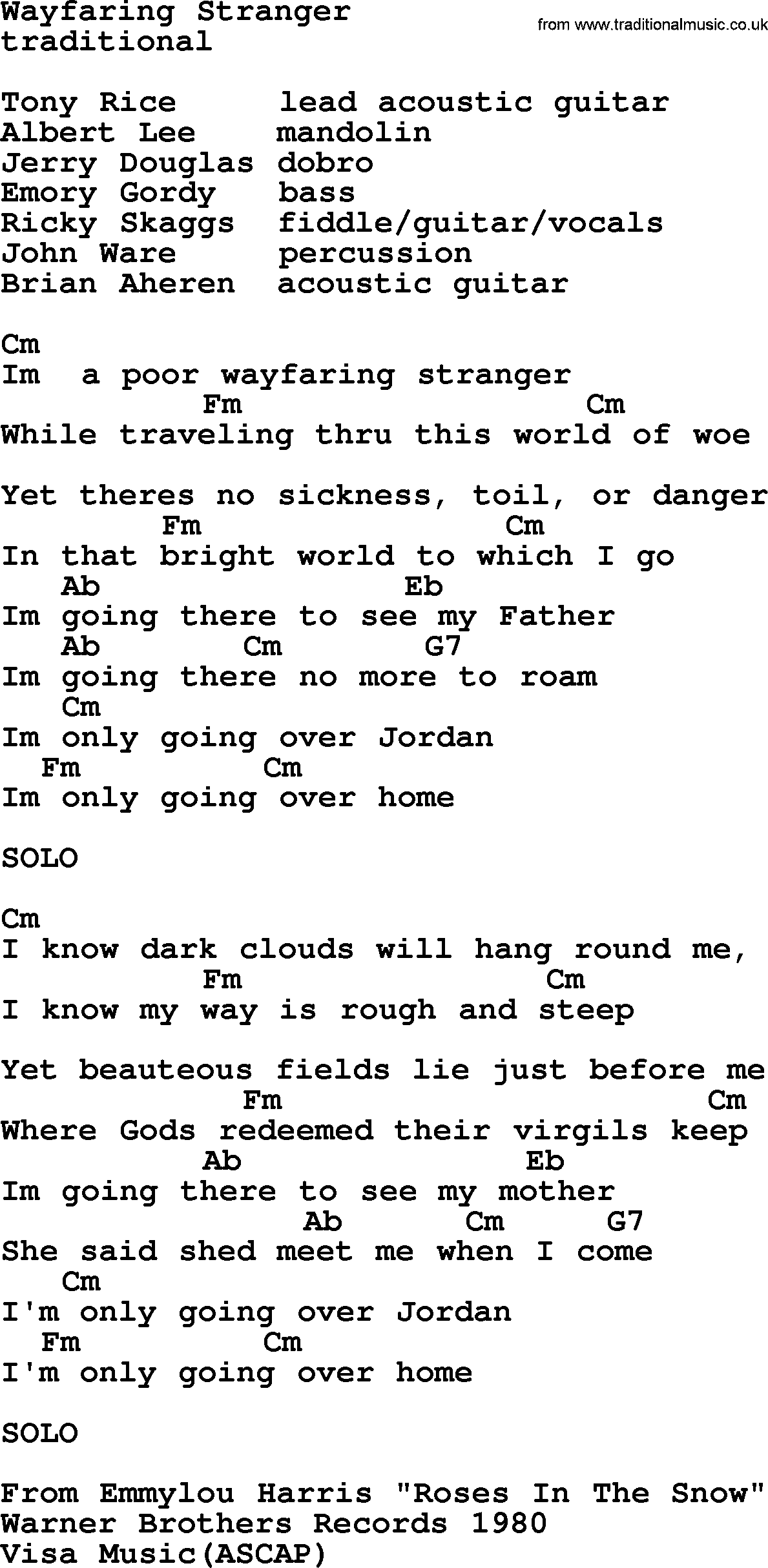 Emmylou Harris song: Wayfaring Stranger lyrics and chords