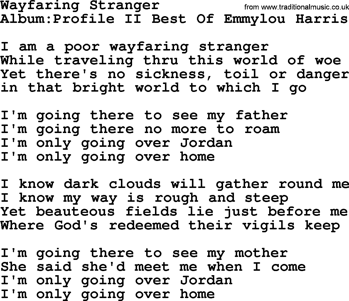 Emmylou Harris song: Wayfaring Stranger lyrics