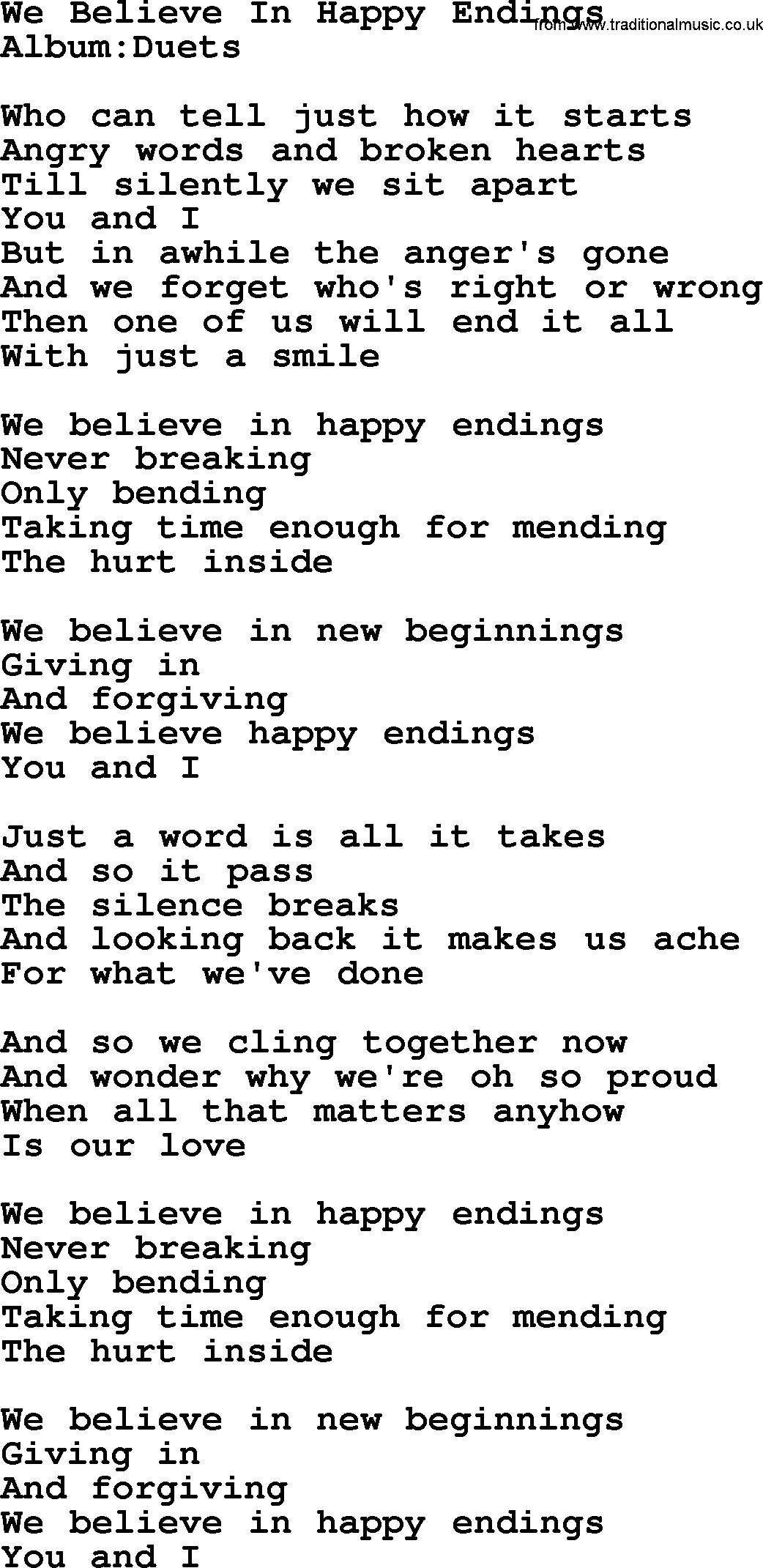 Emmylou Harris song: We Believe In Happy Endings lyrics