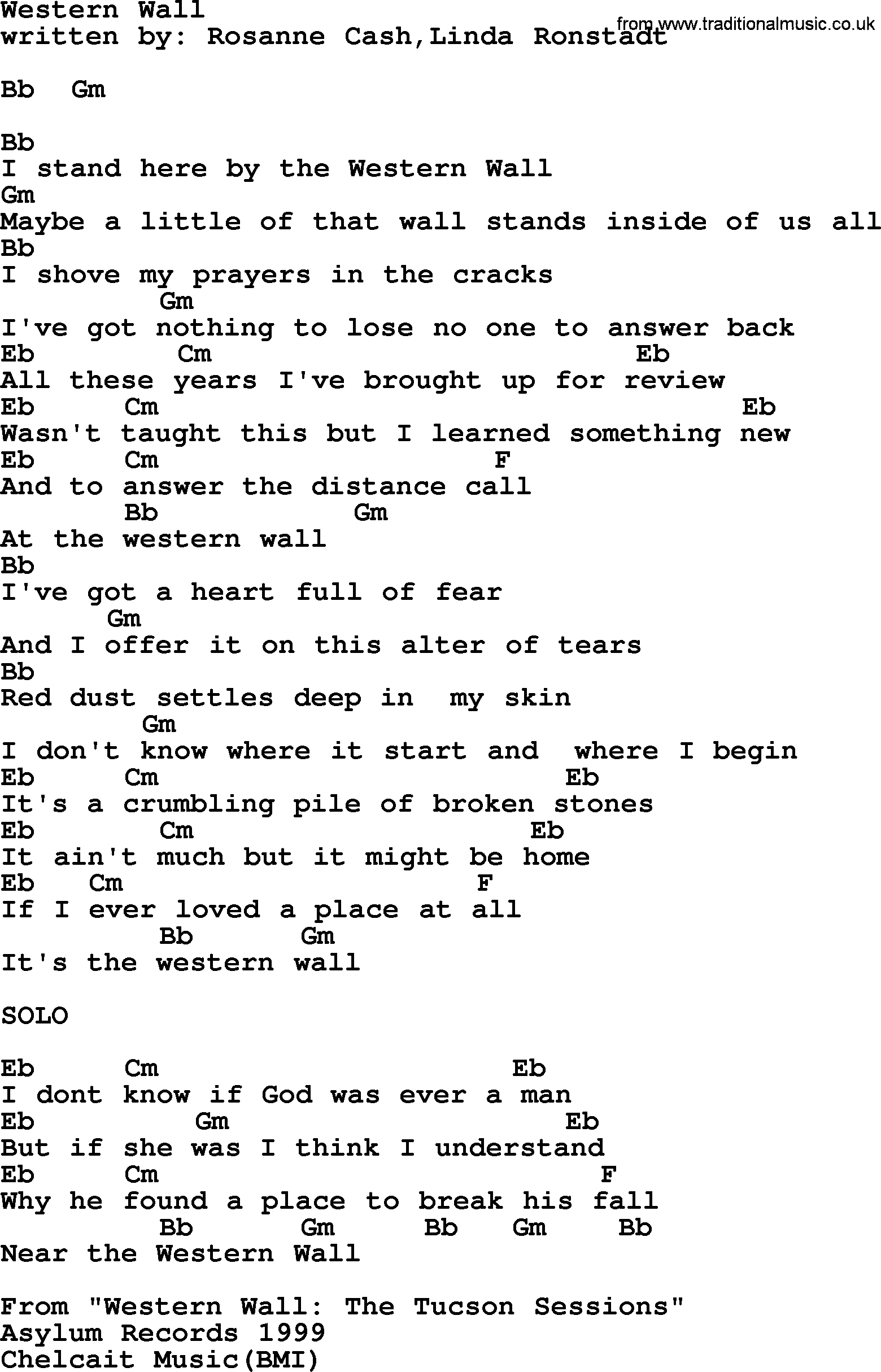 Emmylou Harris song: Western Wall lyrics and chords
