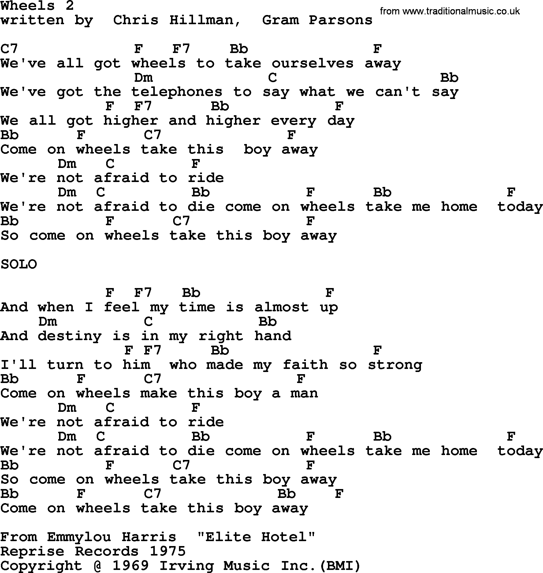 Emmylou Harris song: Wheels 2 lyrics and chords