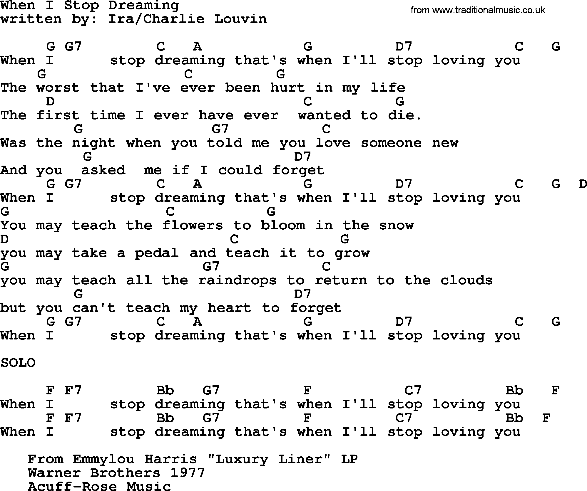 Emmylou Harris song: When I Stop Dreaming lyrics and chords