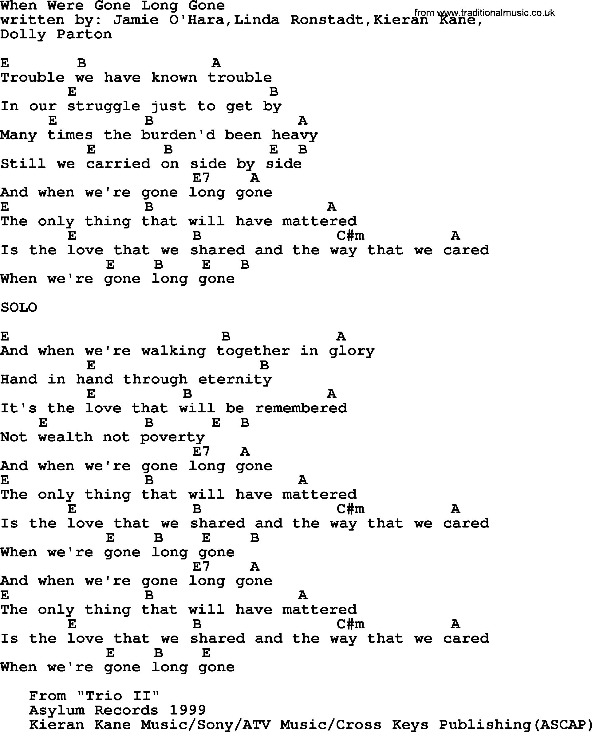 Emmylou Harris song: When Were Gone Long Gone lyrics and chords