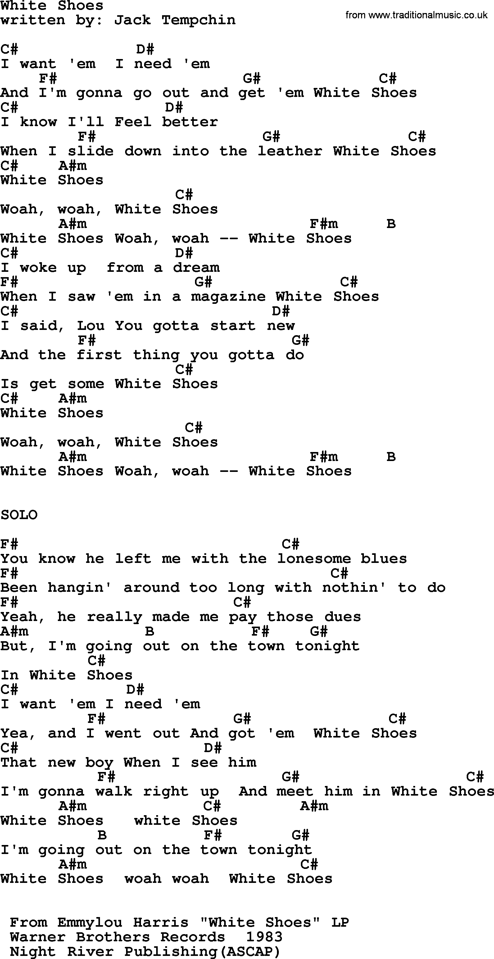 Emmylou Harris song: White Shoes lyrics and chords