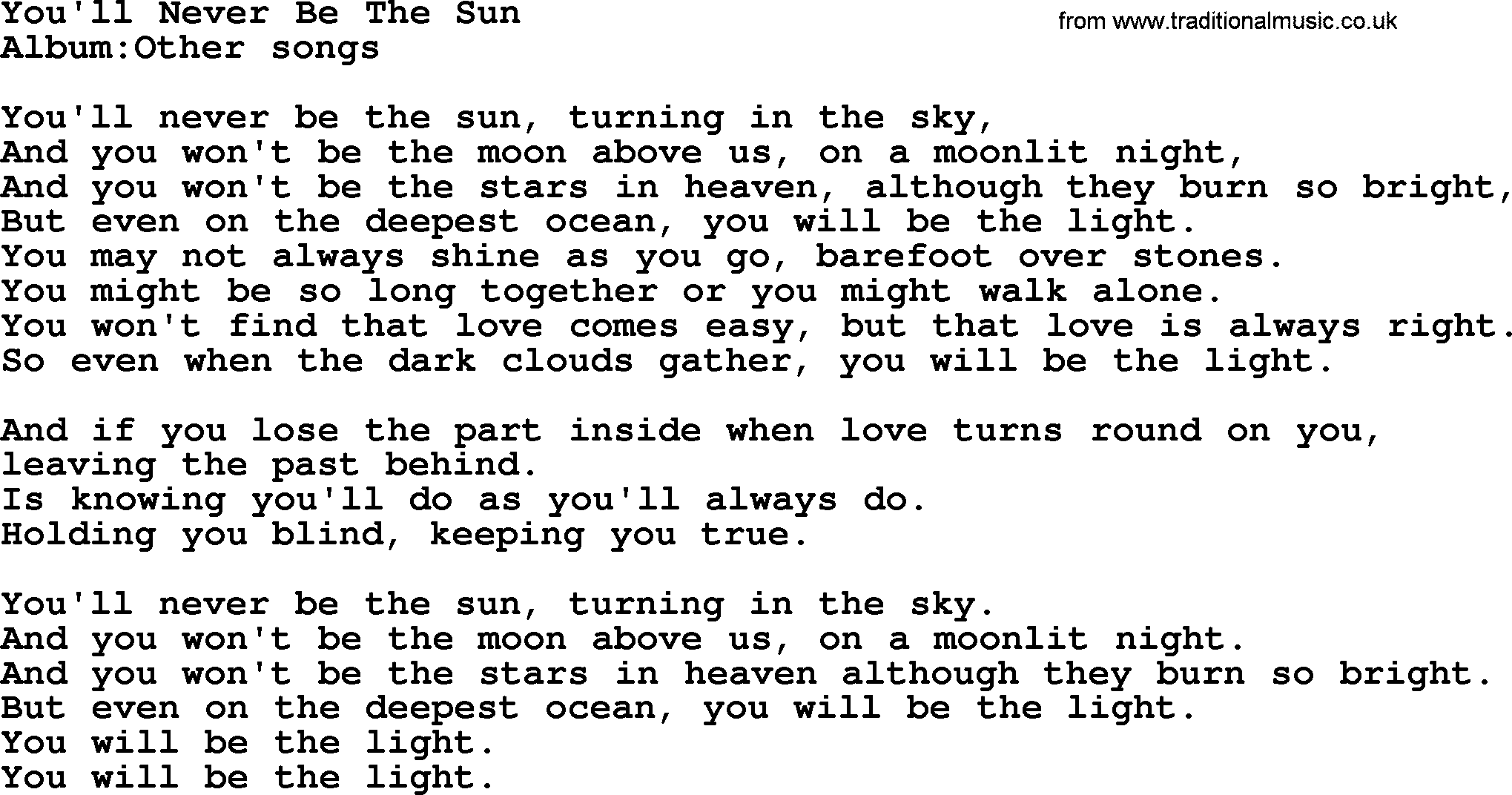 Emmylou Harris song: You'll Never Be The Sun lyrics
