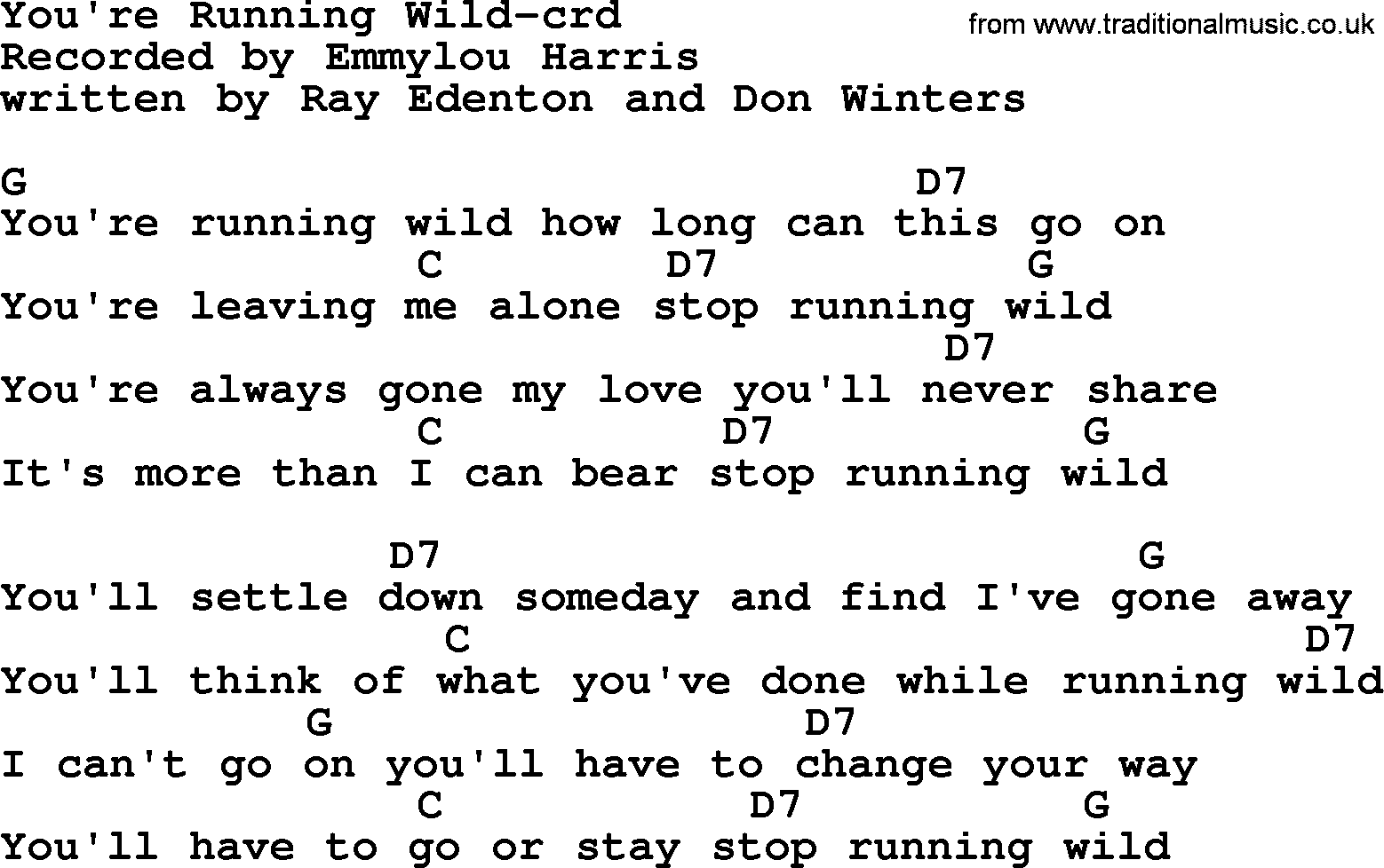 Emmylou Harris song: You're Running Wild lyrics and chords