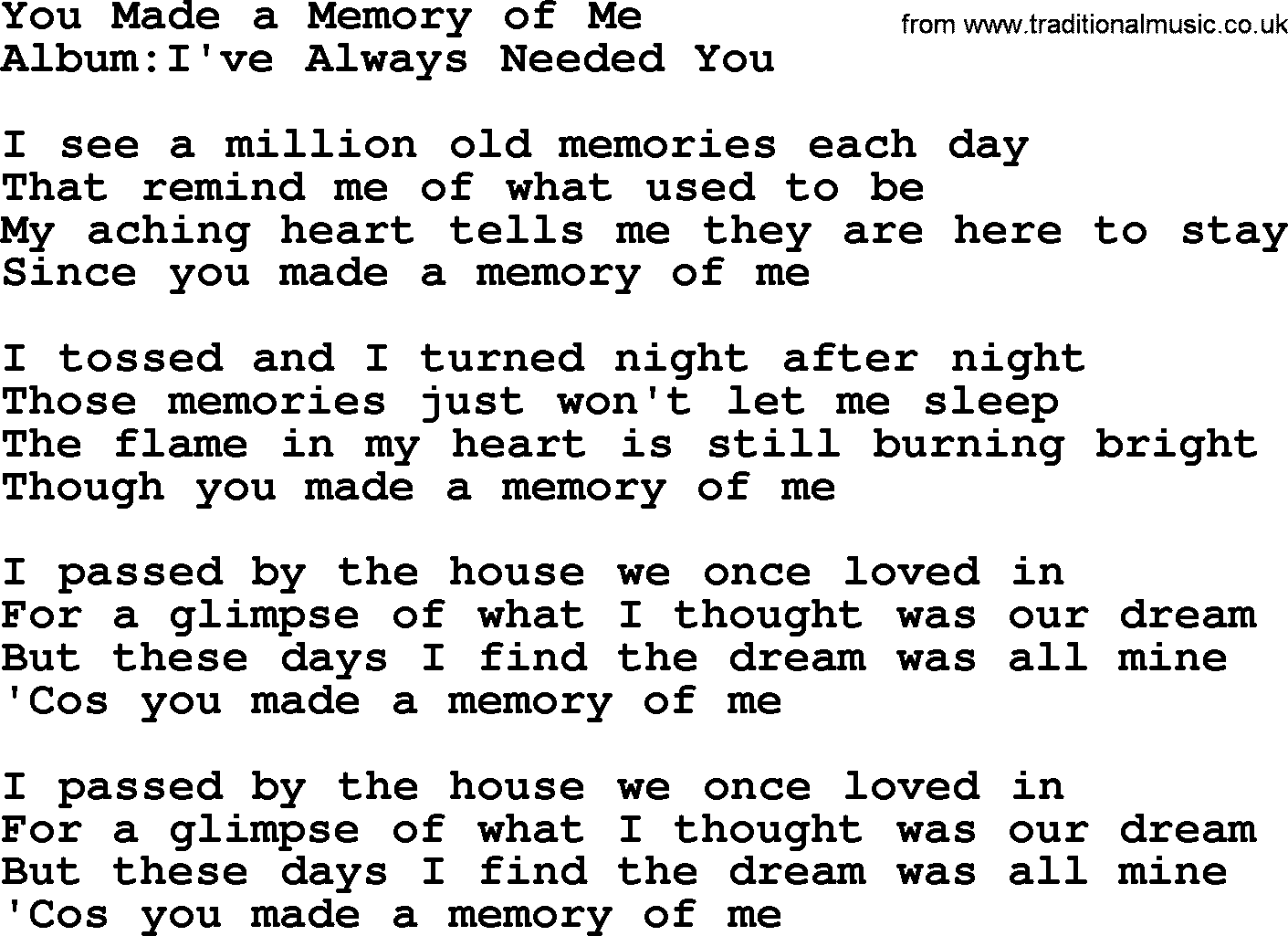 Emmylou Harris song: You Made a Memory of Me lyrics