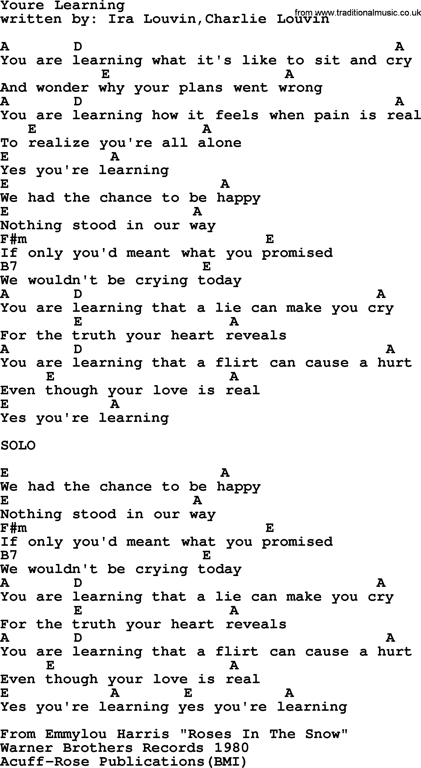 Emmylou Harris song: Youre Learning lyrics and chords