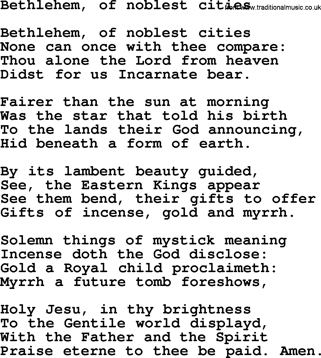 Epiphany Hymns, Hymn: Bethlehem, Of Noblest Cities, lyrics with PDF