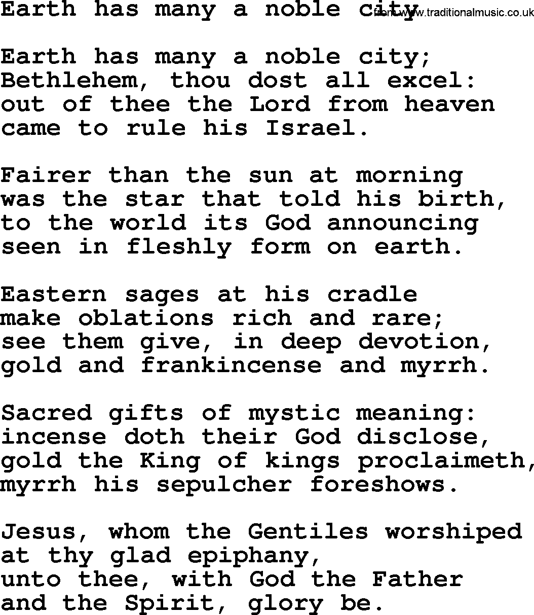 Epiphany Hymns, Hymn: Earth Has Many A Noble City, lyrics with PDF