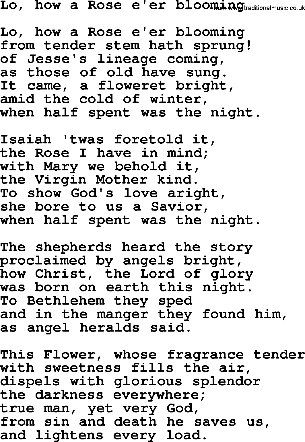 Epiphany Hymns, Hymn: Lo, How A Rose E'er Blooming, lyrics with PDF