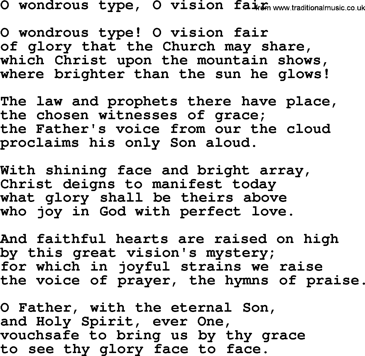 Epiphany Hymns, Hymn: O Wondrous Type, O Vision Fair, lyrics with PDF
