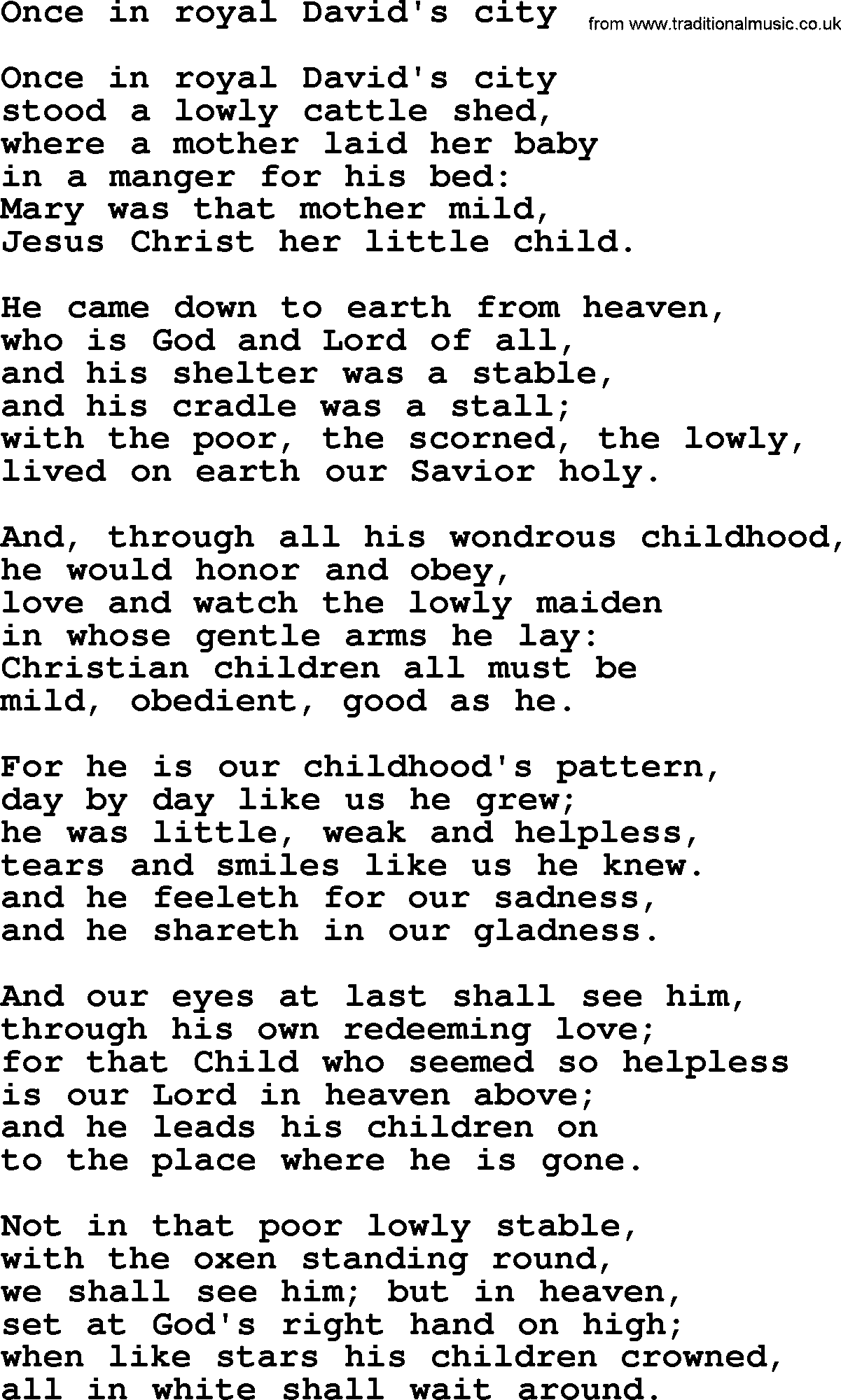 Epiphany Hymns, Hymn: Once In Royal David's City, lyrics with PDF