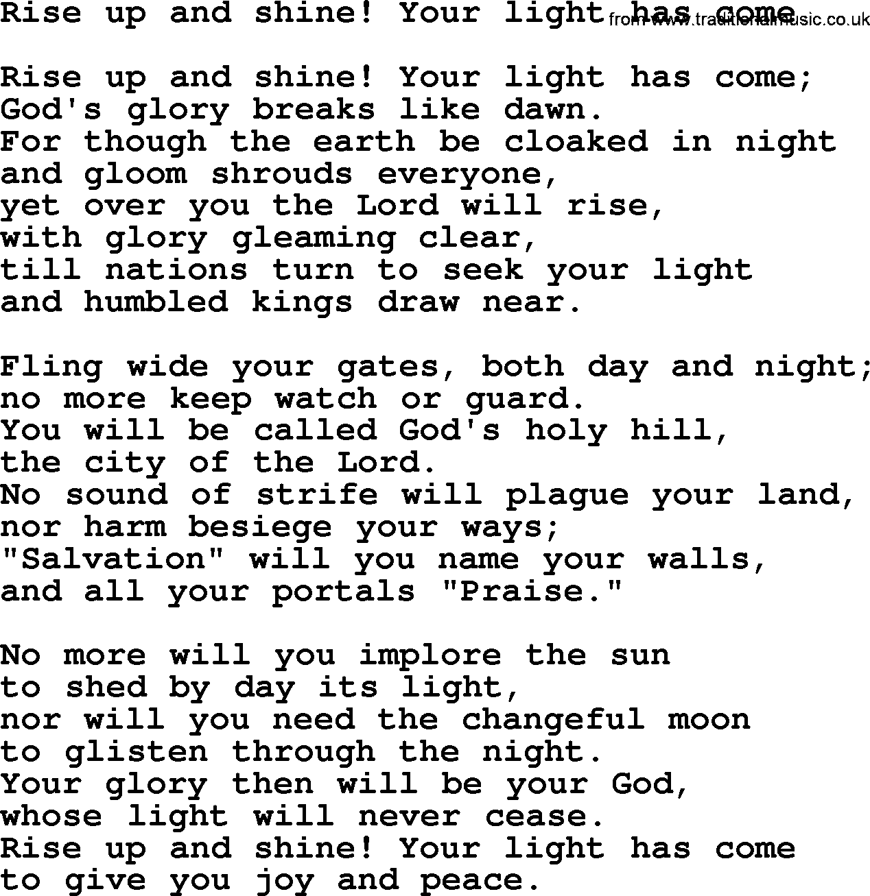Epiphany Hymns, Hymn: Rise Up And Shine! Your Light Has Come, lyrics with PDF