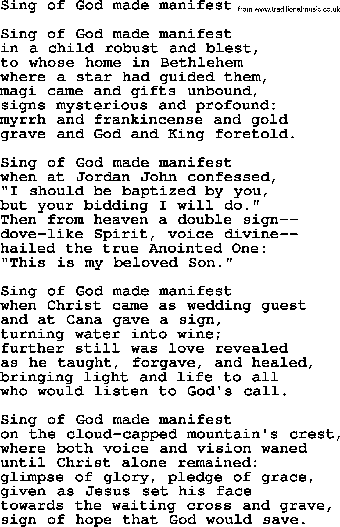 Epiphany Hymns, Hymn: Sing Of God Made Manifest, lyrics with PDF
