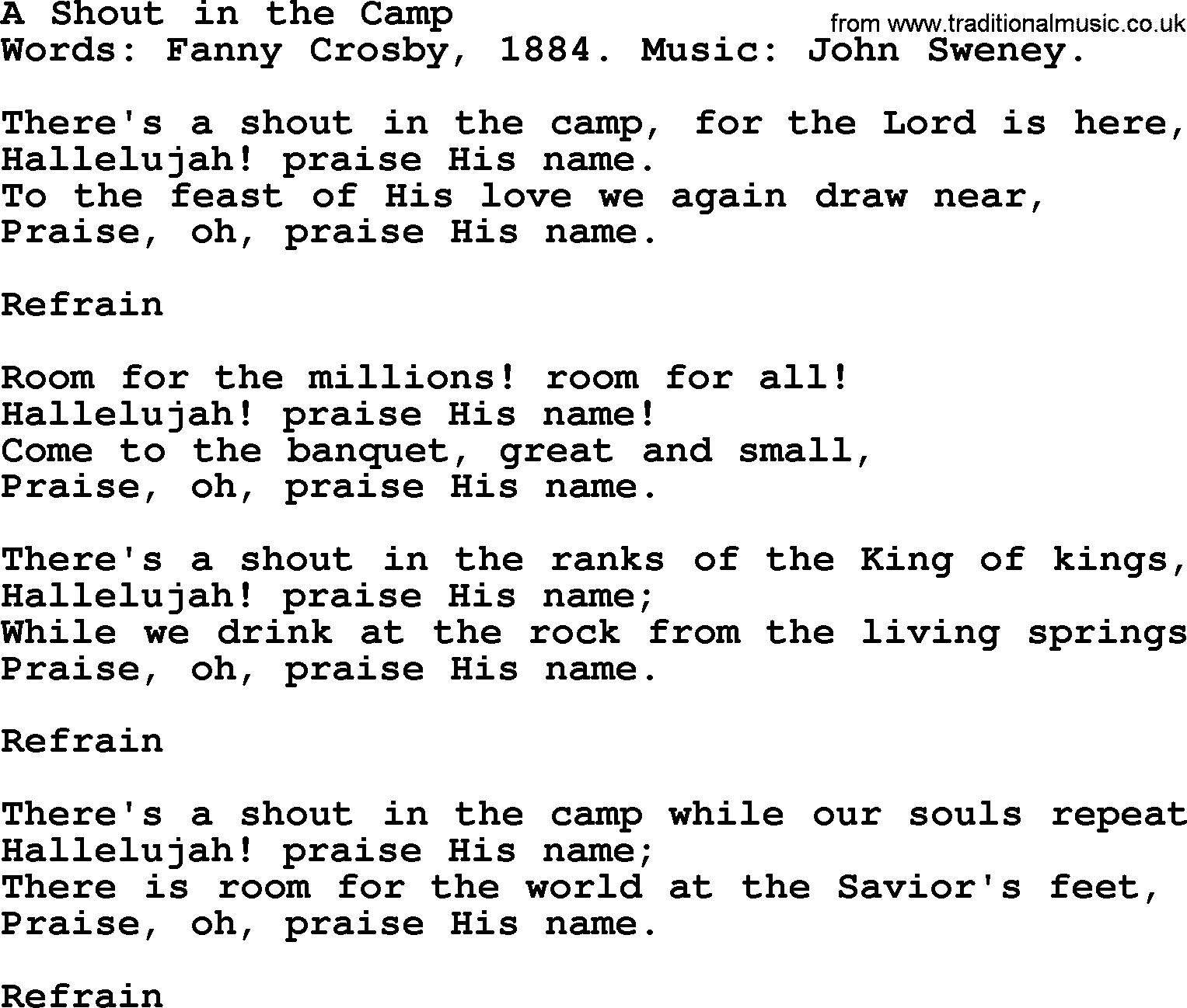 Fanny Crosby song: A Shout In The Camp, lyrics