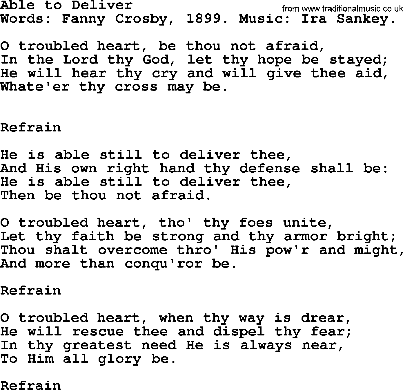Fanny Crosby song: Able To Deliver, lyrics