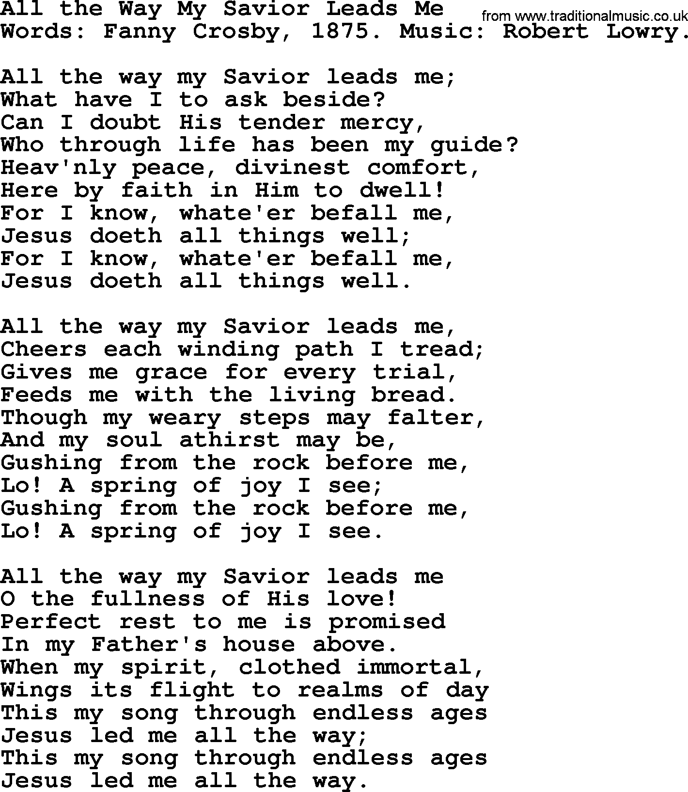 Fanny Crosby song: All The Way My Savior Leads Me, lyrics