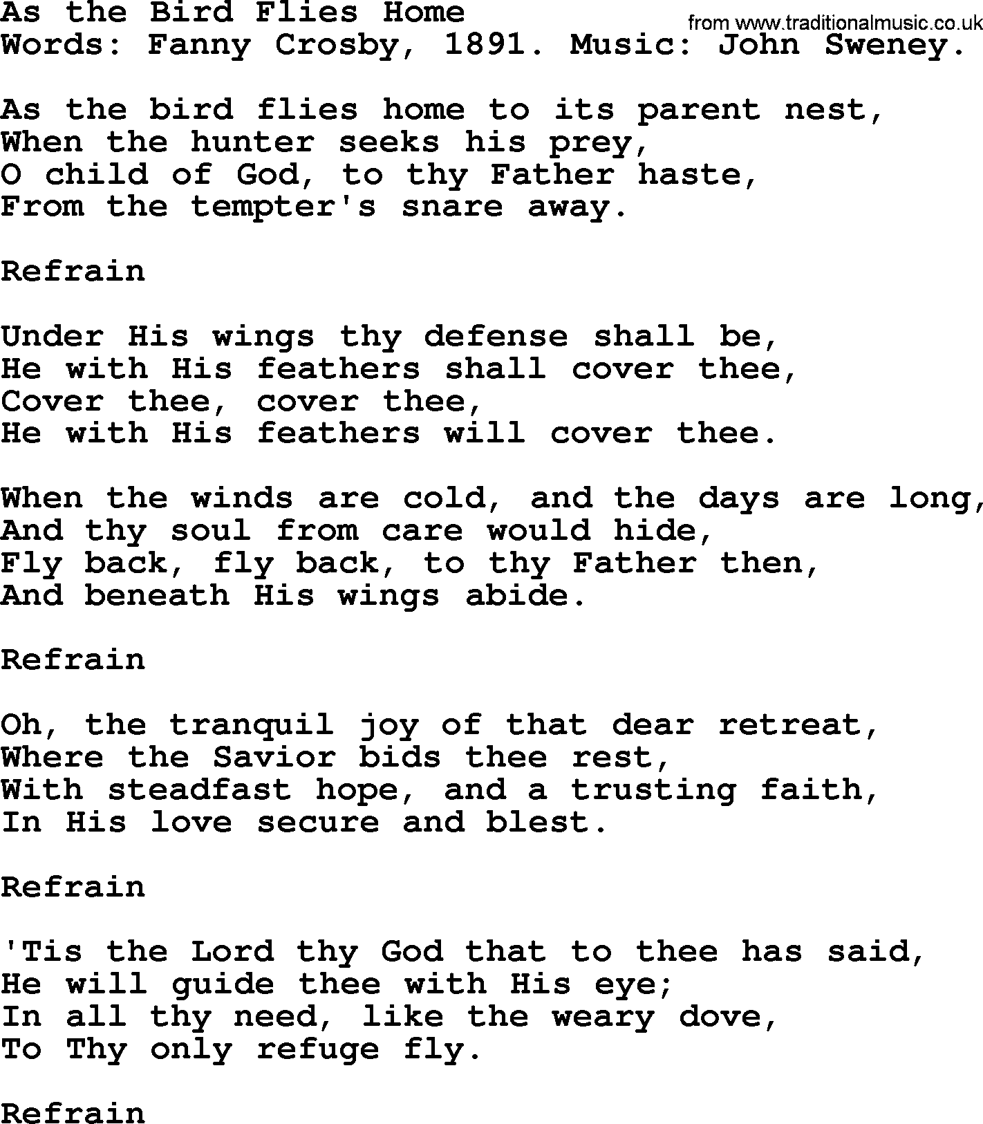 Fanny Crosby song: As The Bird Flies Home, lyrics