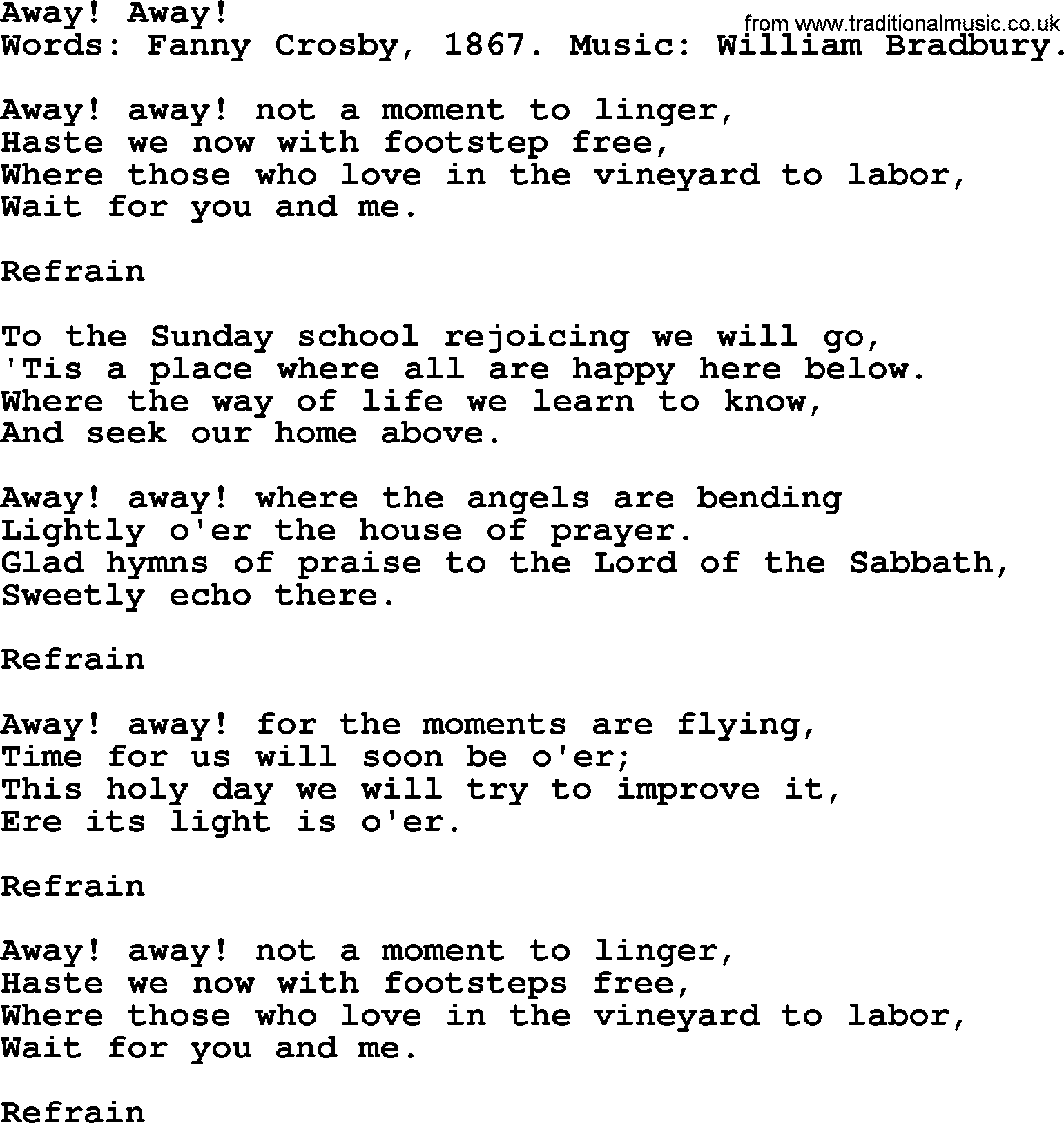 Fanny Crosby song: Away! Away!, lyrics