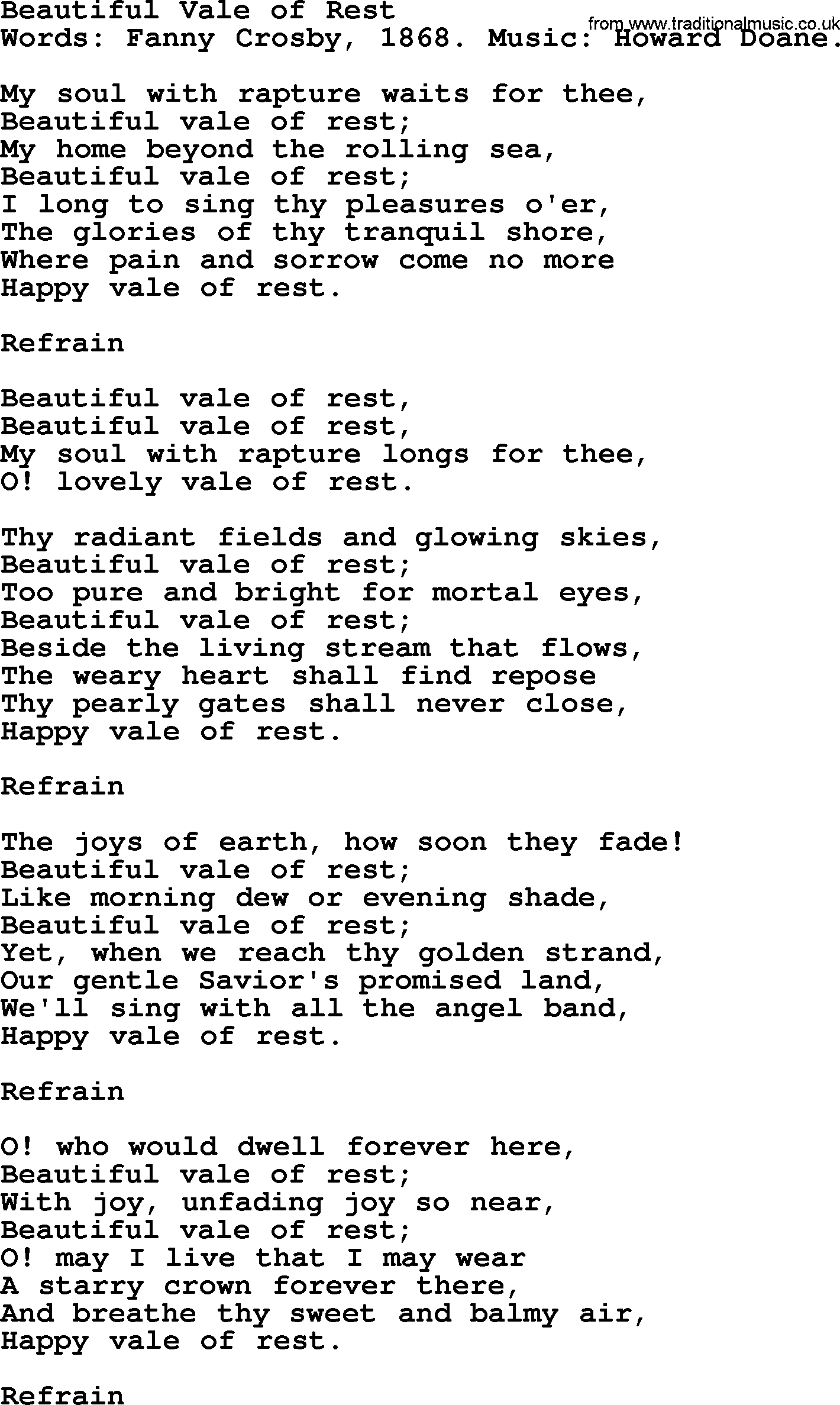 Fanny Crosby song: Beautiful Vale Of Rest, lyrics