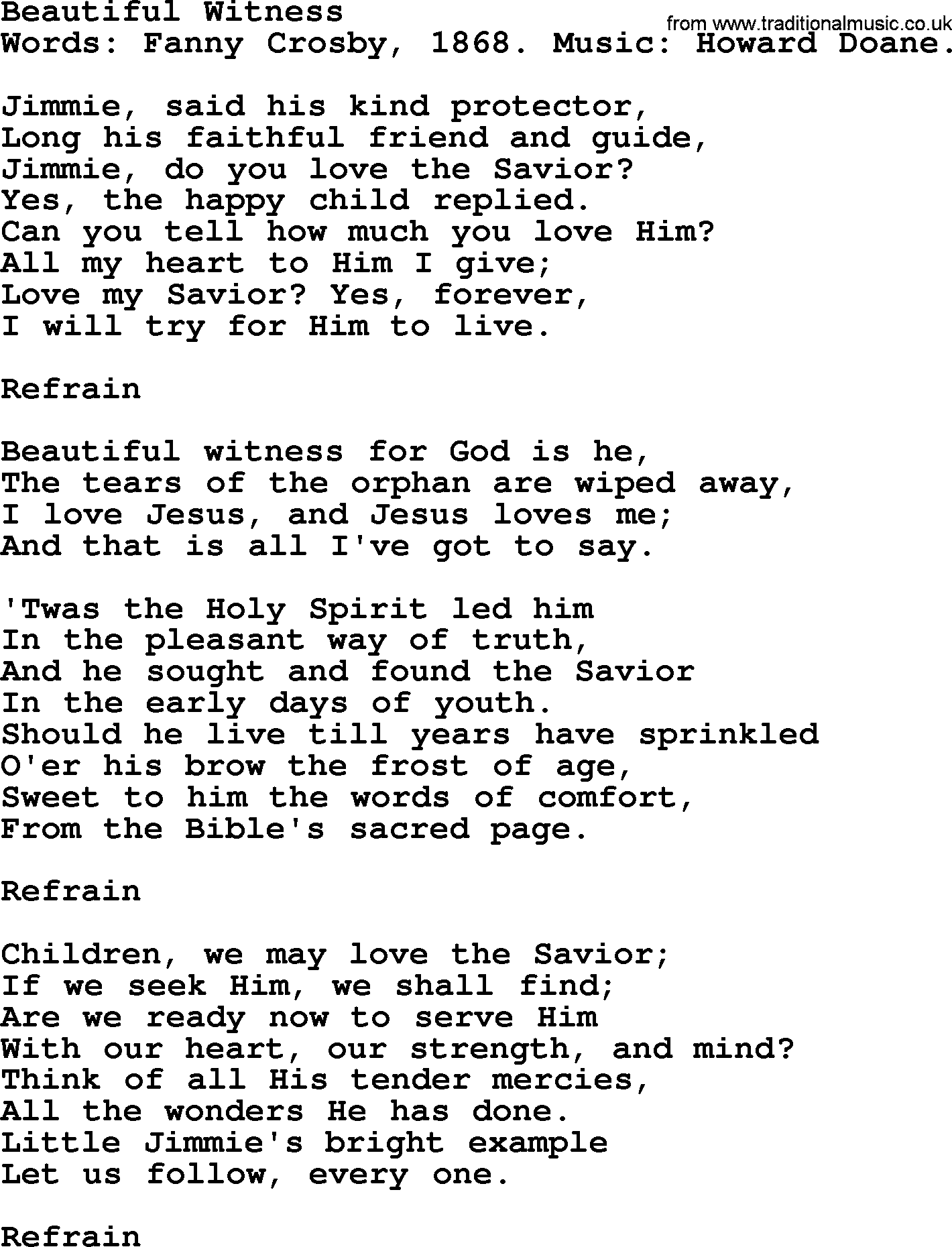 Fanny Crosby song: Beautiful Witness, lyrics