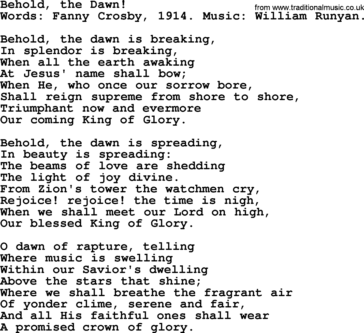 Fanny Crosby song: Behold, The Dawn!, lyrics