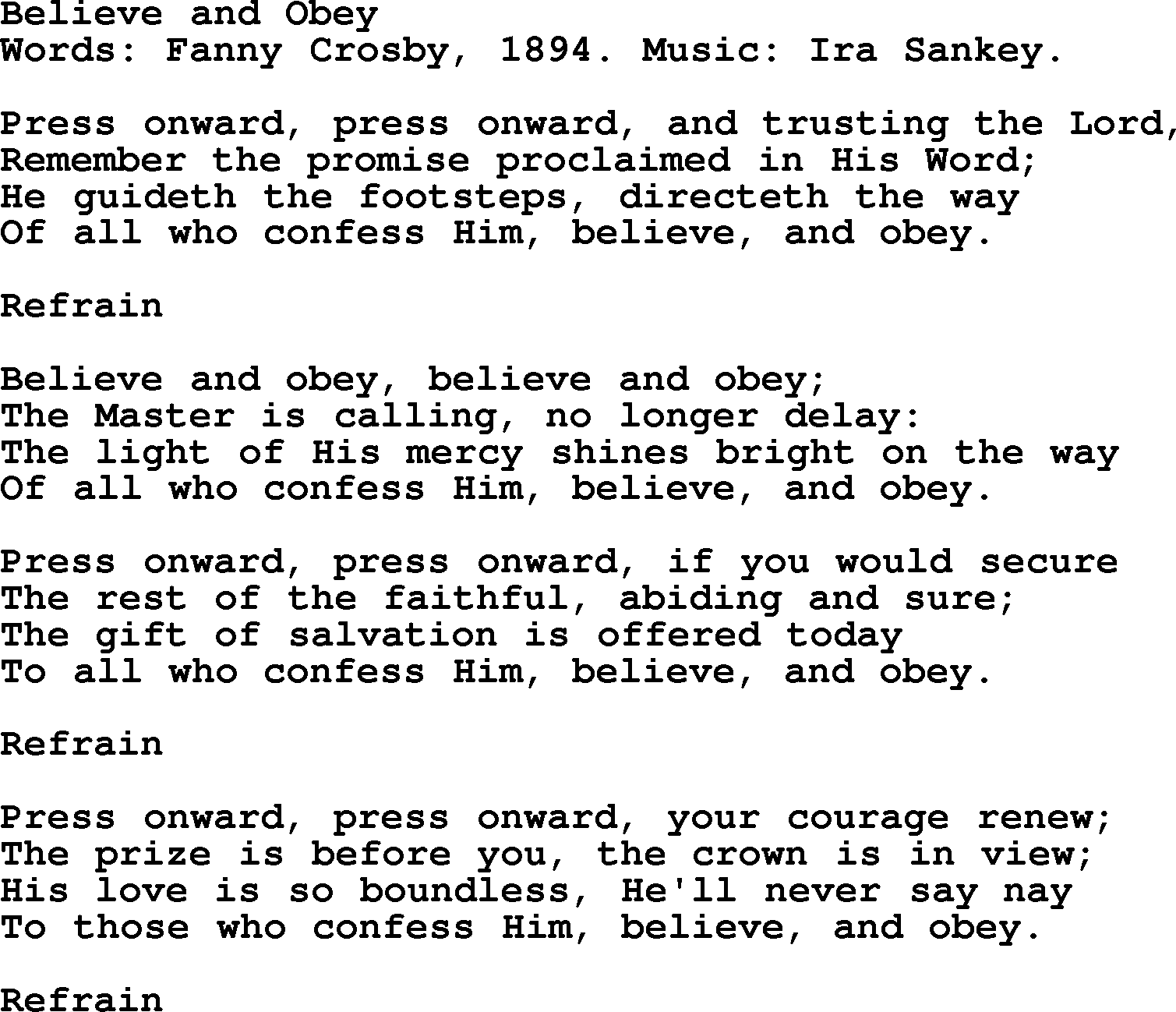 Fanny Crosby song: Believe And Obey, lyrics