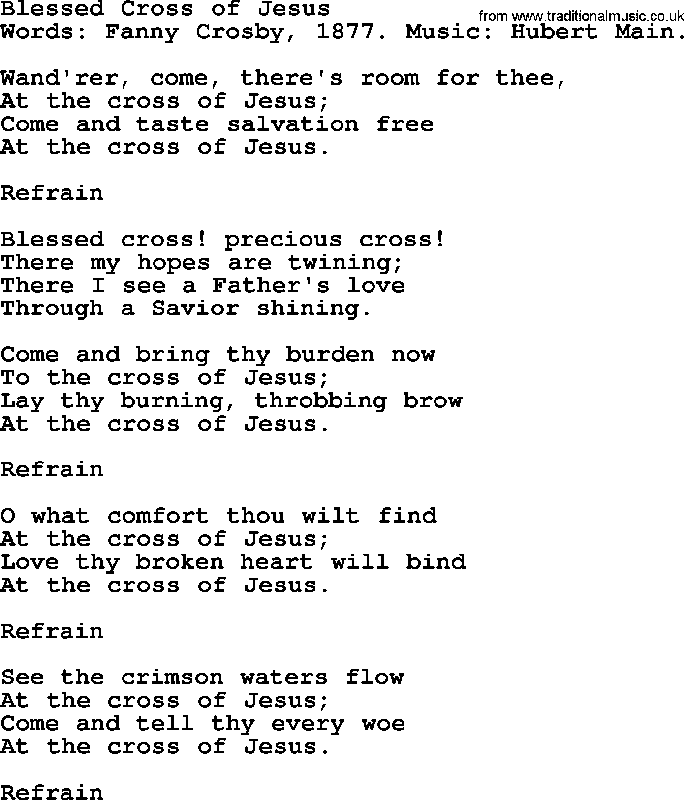 Fanny Crosby song: Blessed Cross Of Jesus, lyrics