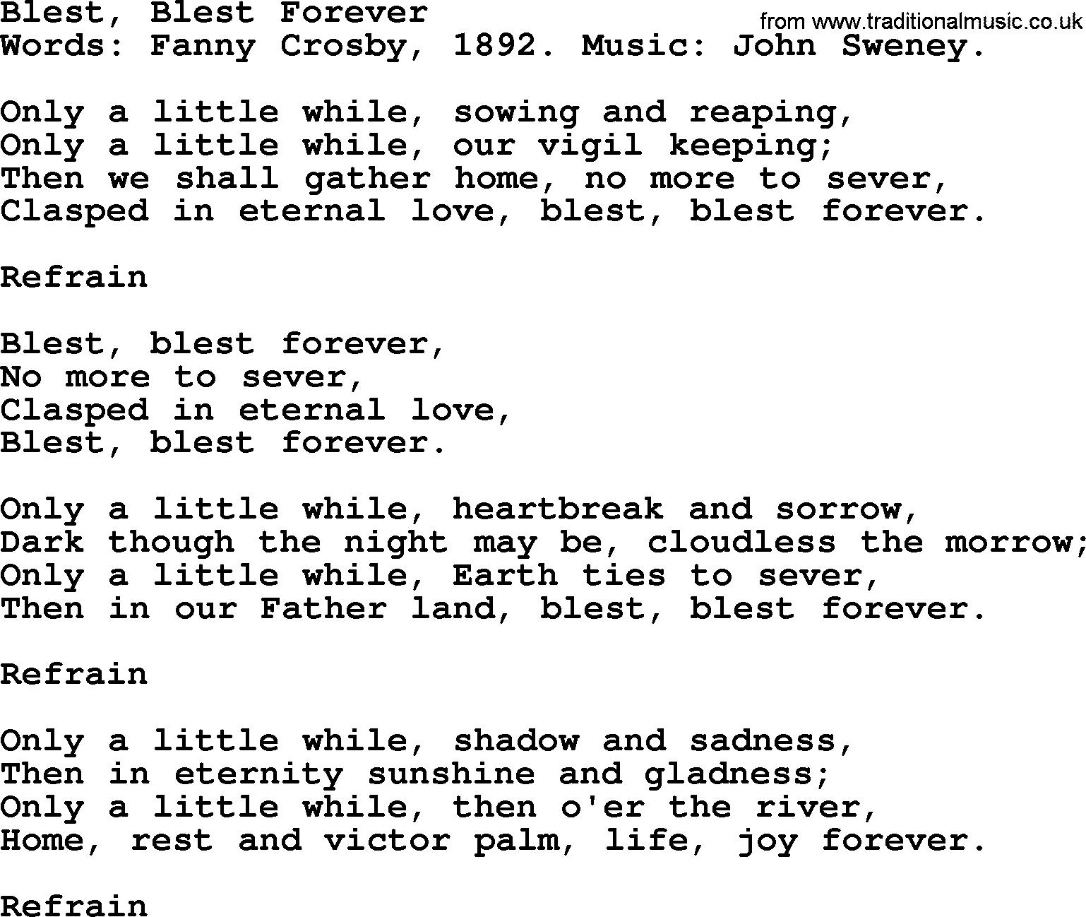 Fanny Crosby song: Blest, Blest Forever, lyrics