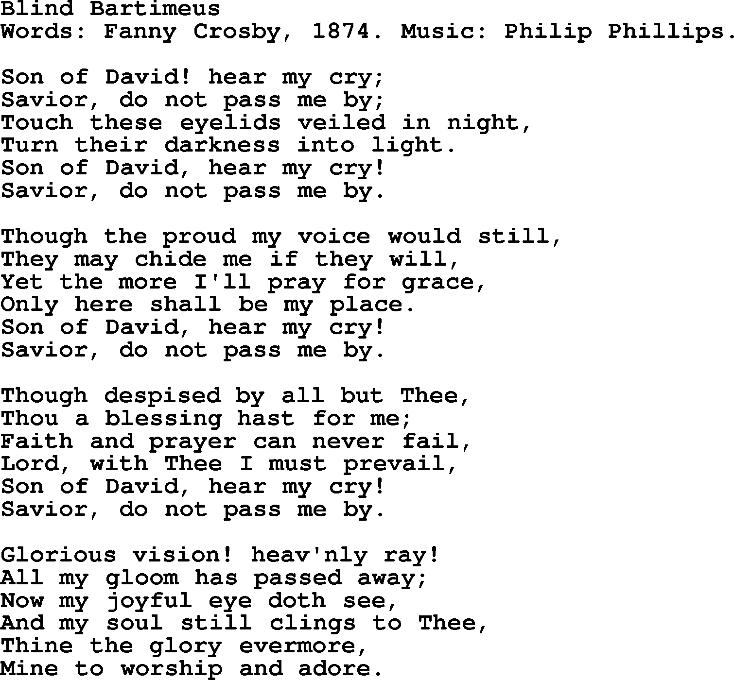 Fanny Crosby song: Blind Bartimeus, lyrics