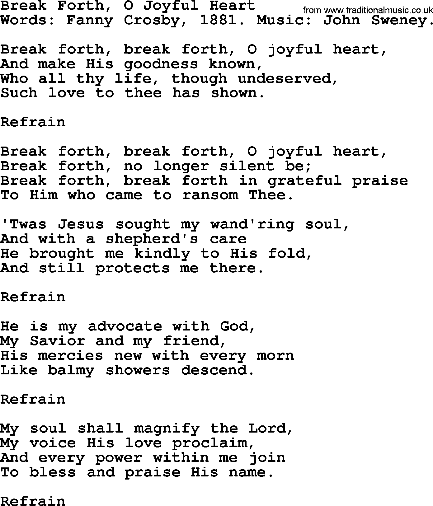 Fanny Crosby song: Break Forth, O Joyful Heart, lyrics