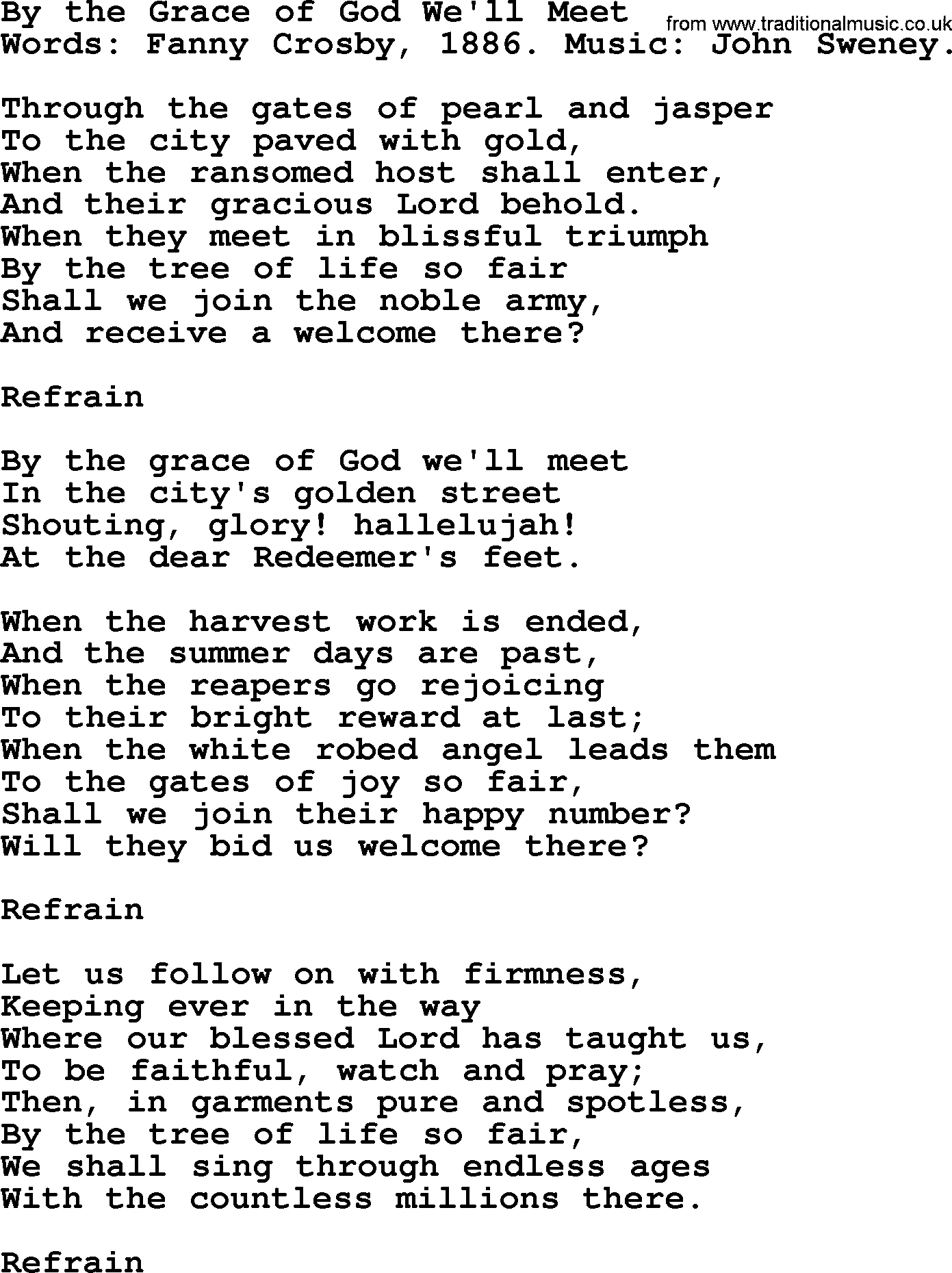 Fanny Crosby song: By The Grace Of God We'll Meet, lyrics