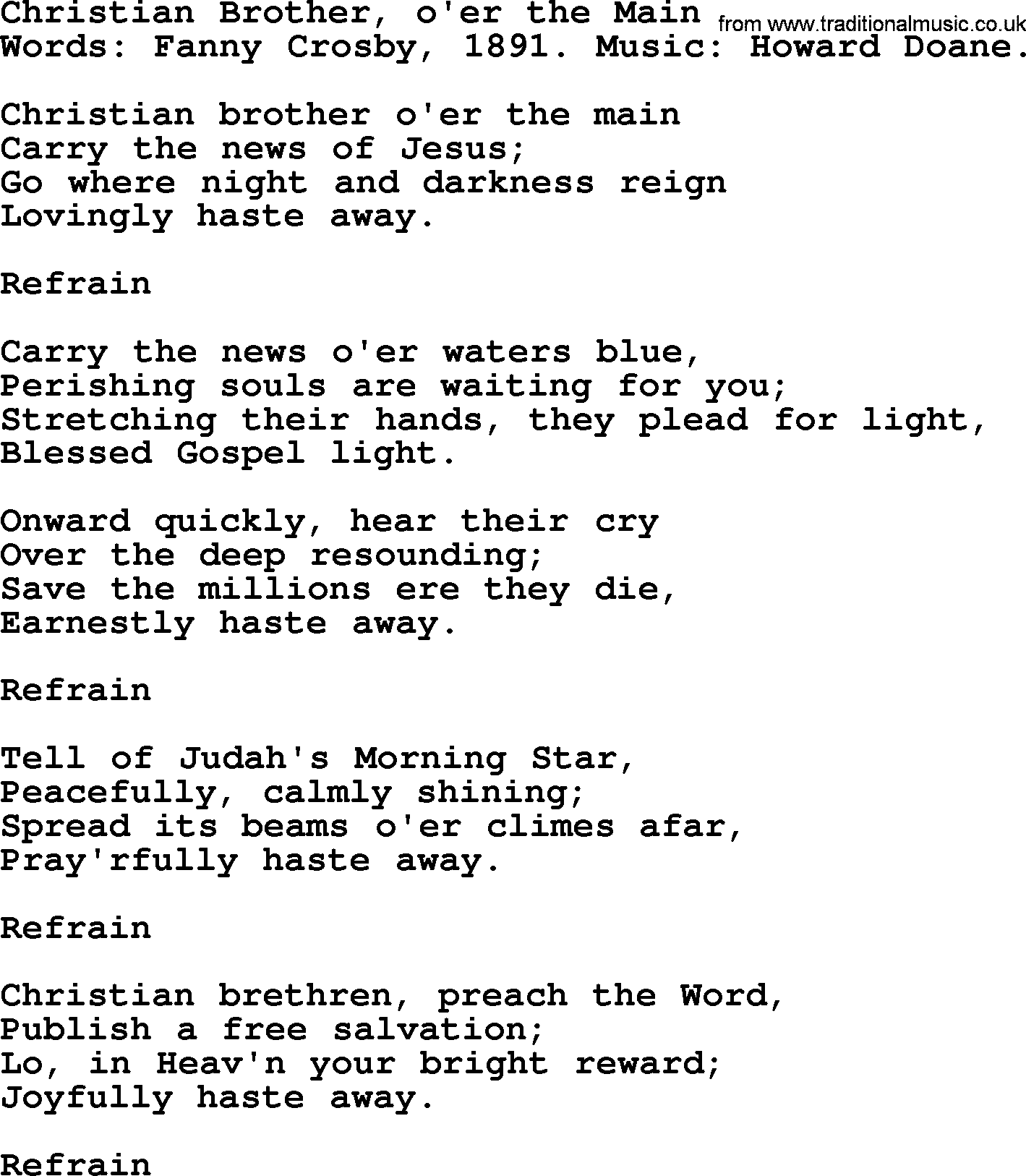 Fanny Crosby song: Christian Brother, O'er The Main, lyrics