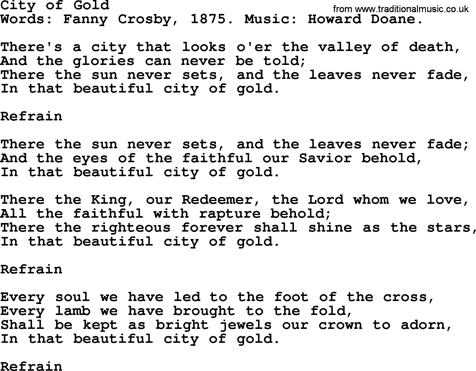 Fanny Crosby song: City Of Gold, lyrics