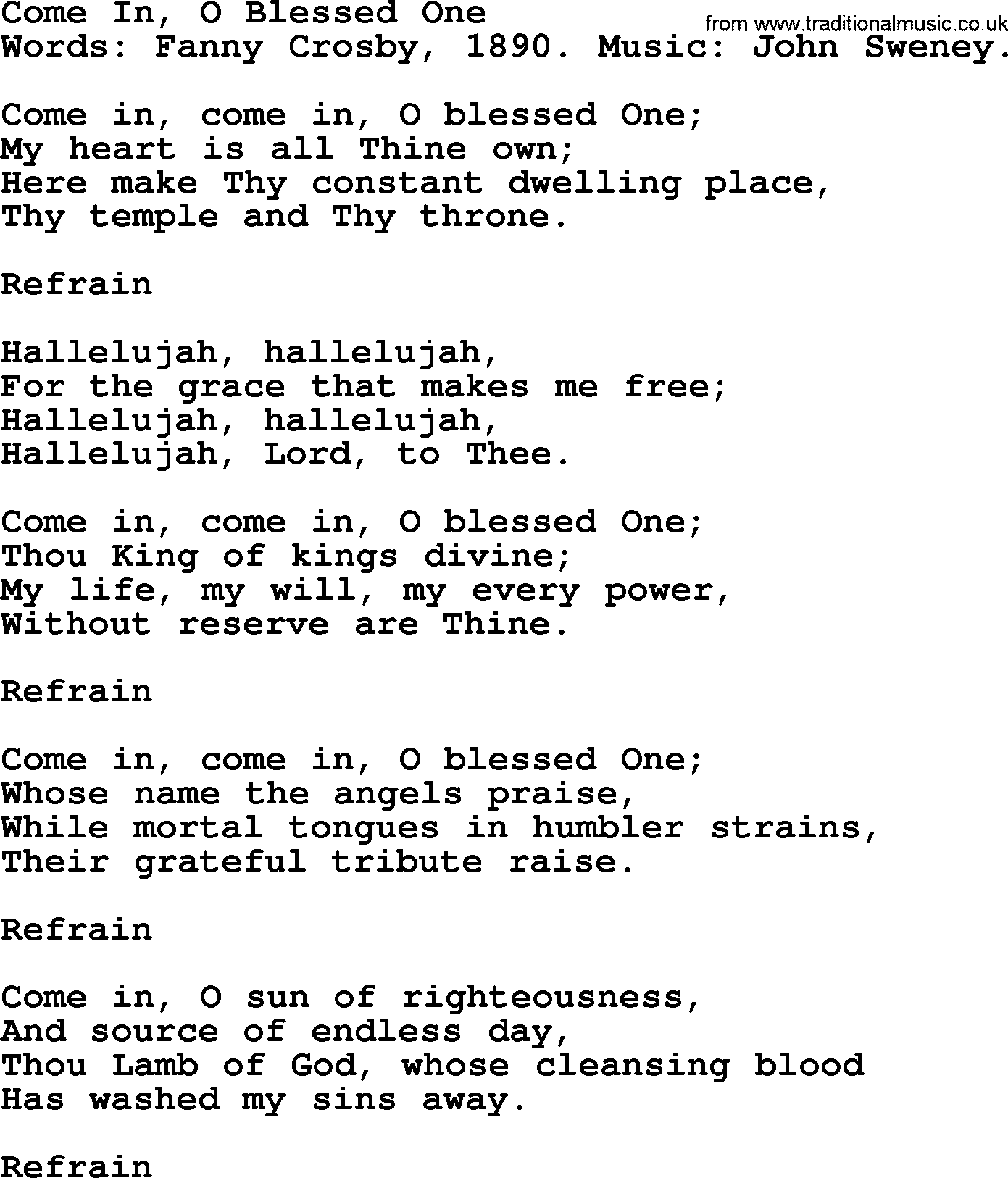 Fanny Crosby song: Come In, O Blessed One, lyrics