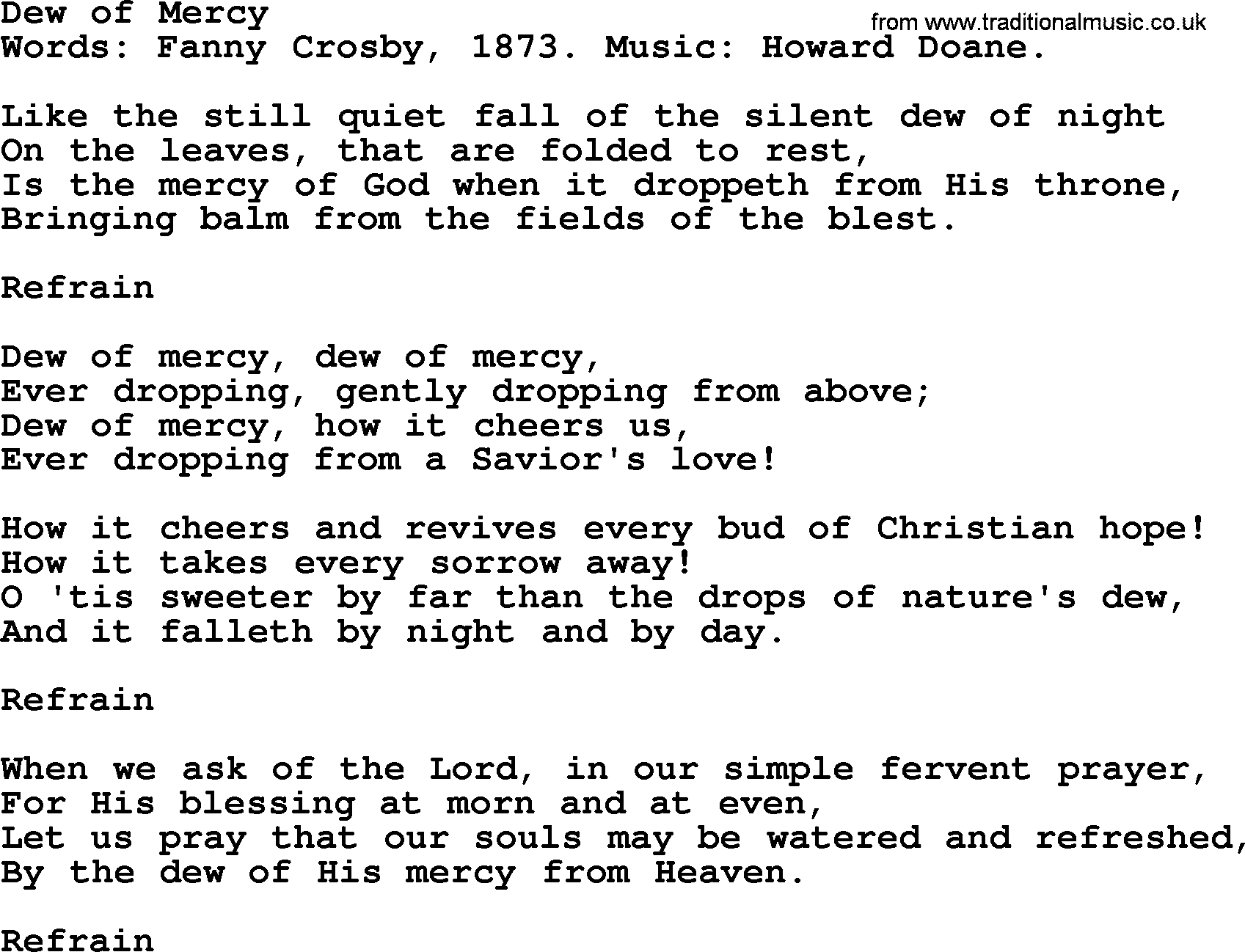 Fanny Crosby song: Dew Of Mercy, lyrics