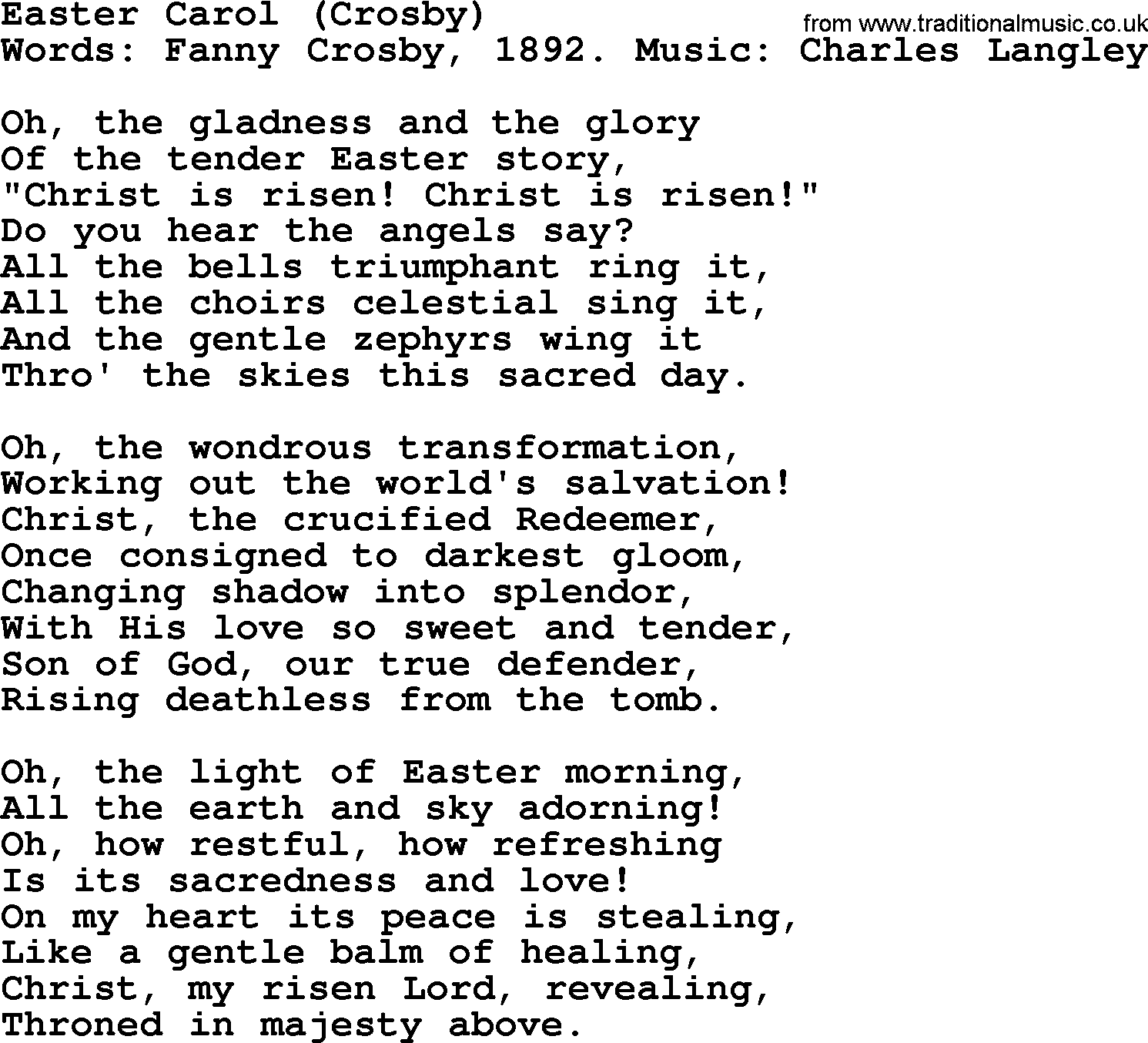 Fanny Crosby song: Easter Carol, lyrics