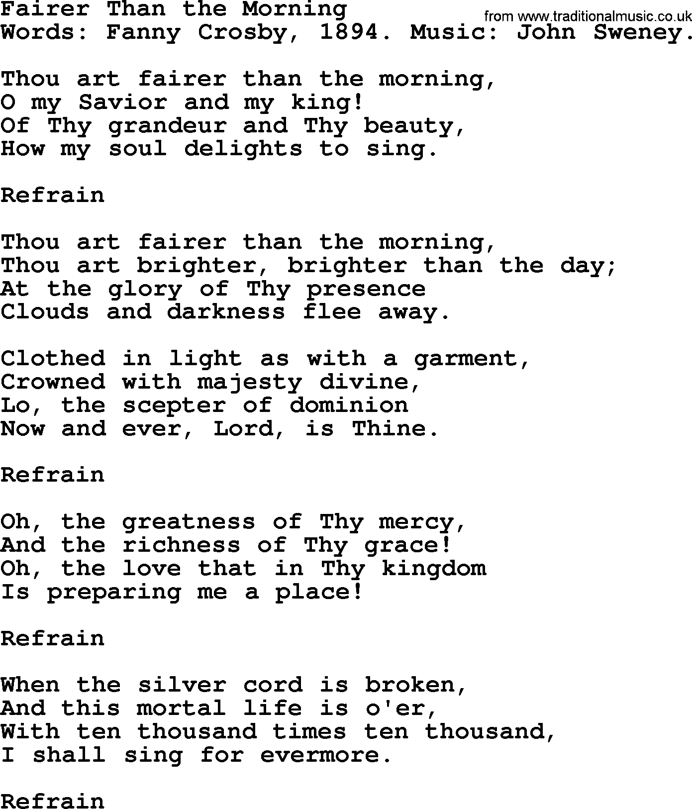 Fanny Crosby song: Fairer Than The Morning, lyrics