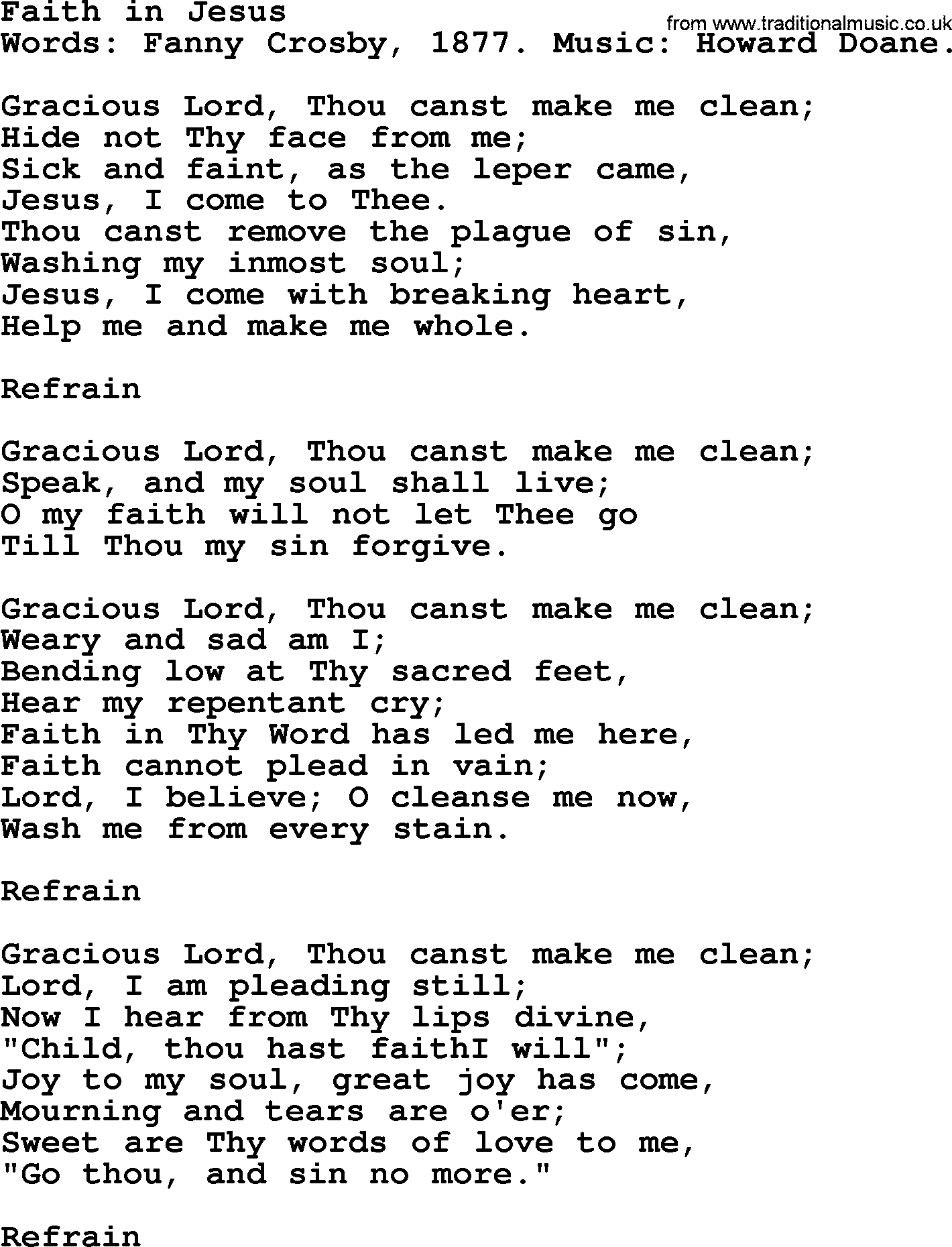 Fanny Crosby song: Faith In Jesus, lyrics