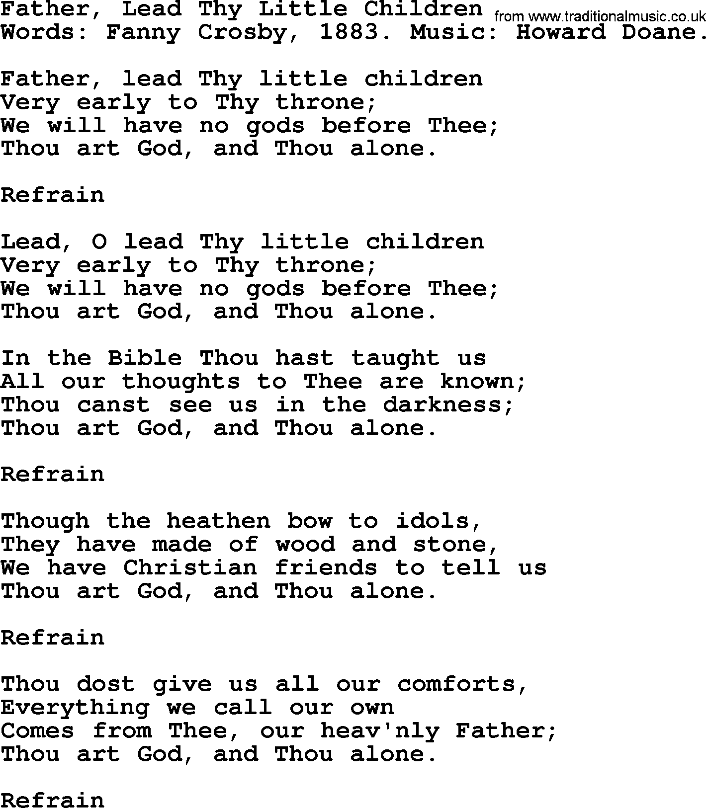 Fanny Crosby song: Father, Lead Thy Little Children, lyrics