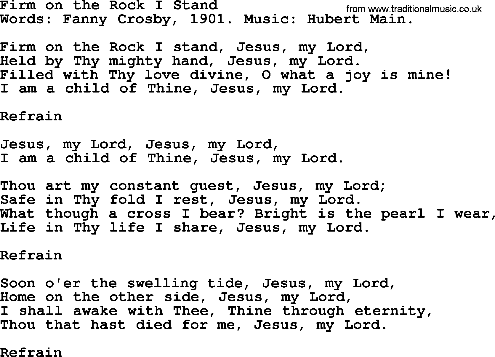 Fanny Crosby song: Firm On The Rock I Stand, lyrics