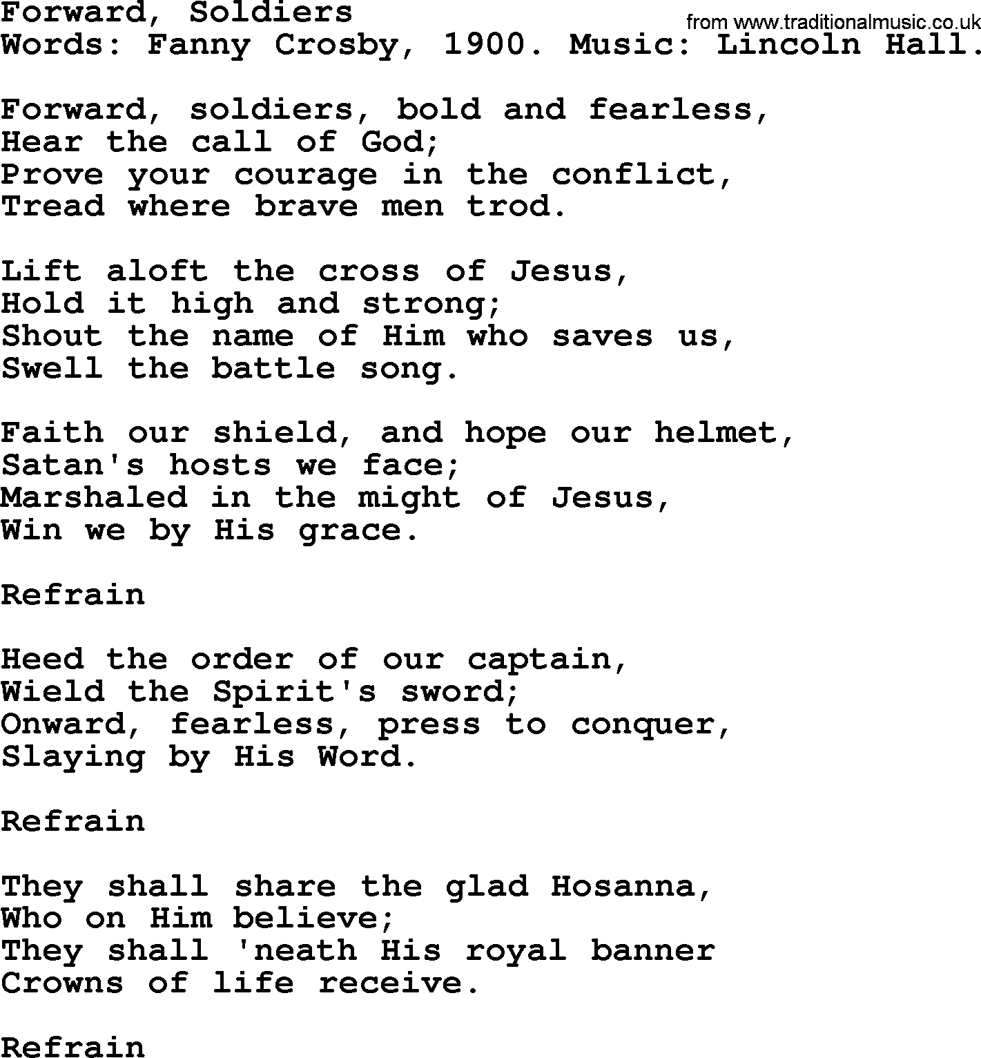 Fanny Crosby song: Forward, Soldiers, lyrics