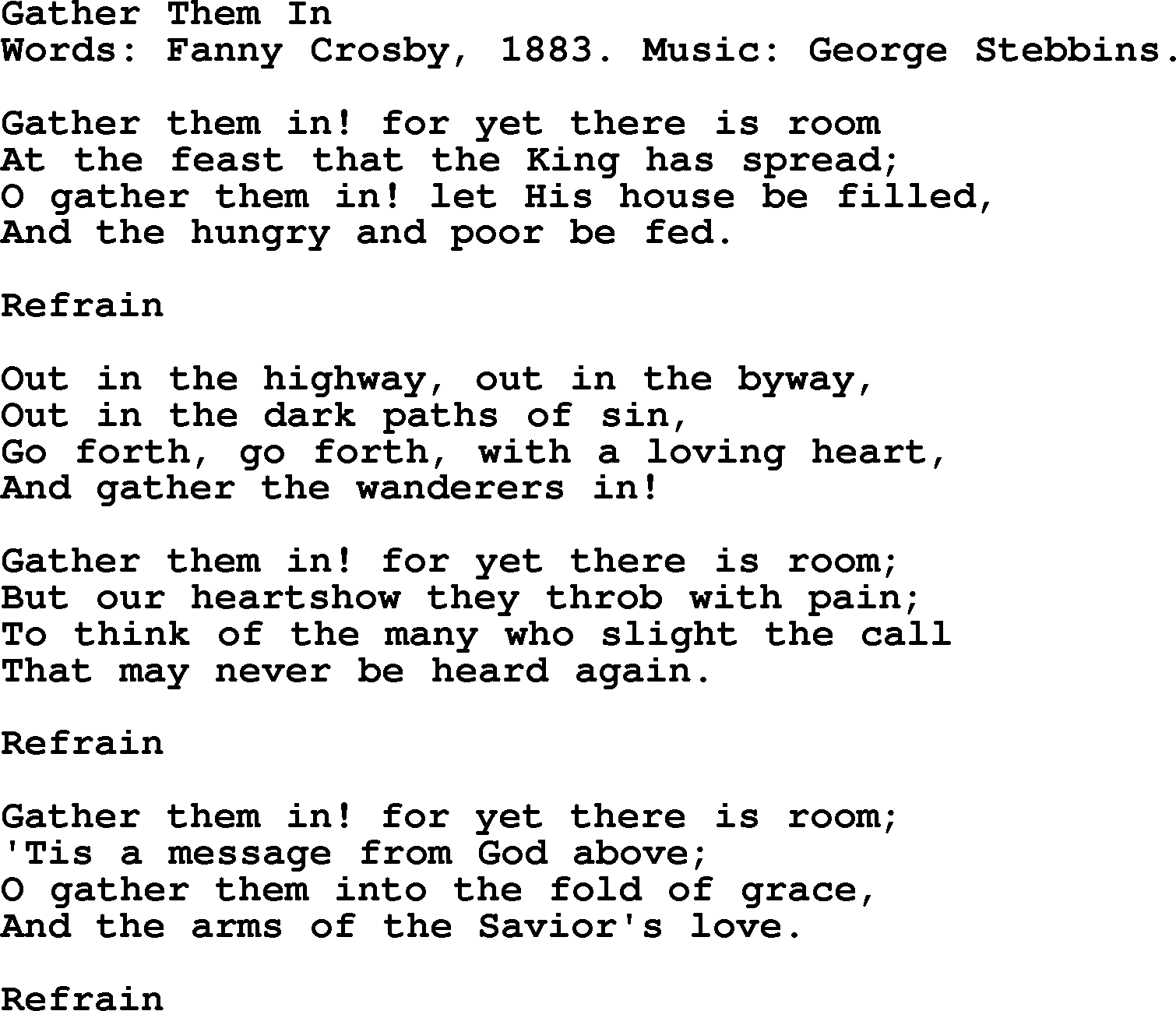 Fanny Crosby song: Gather Them In, lyrics