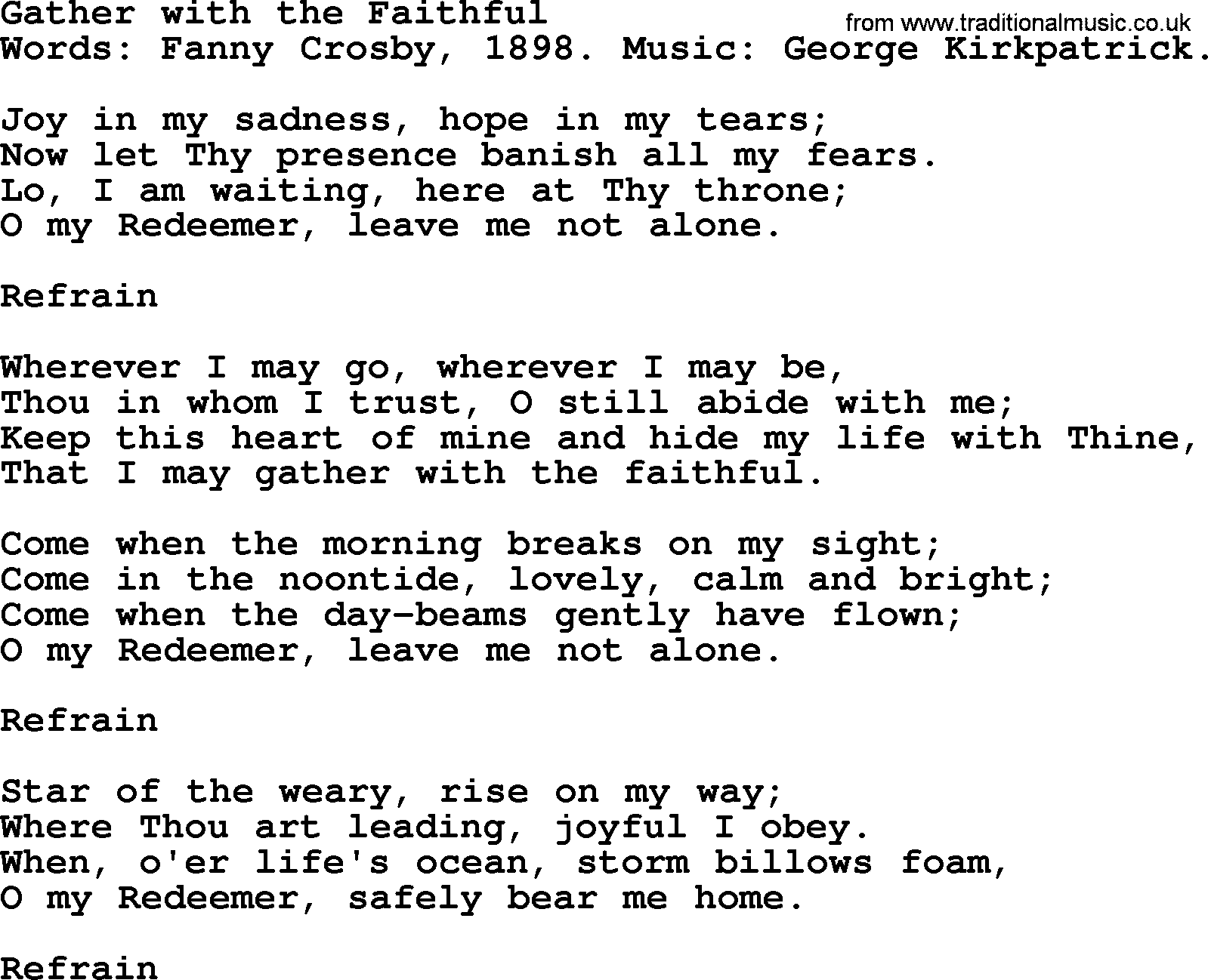Fanny Crosby song: Gather With The Faithful, lyrics