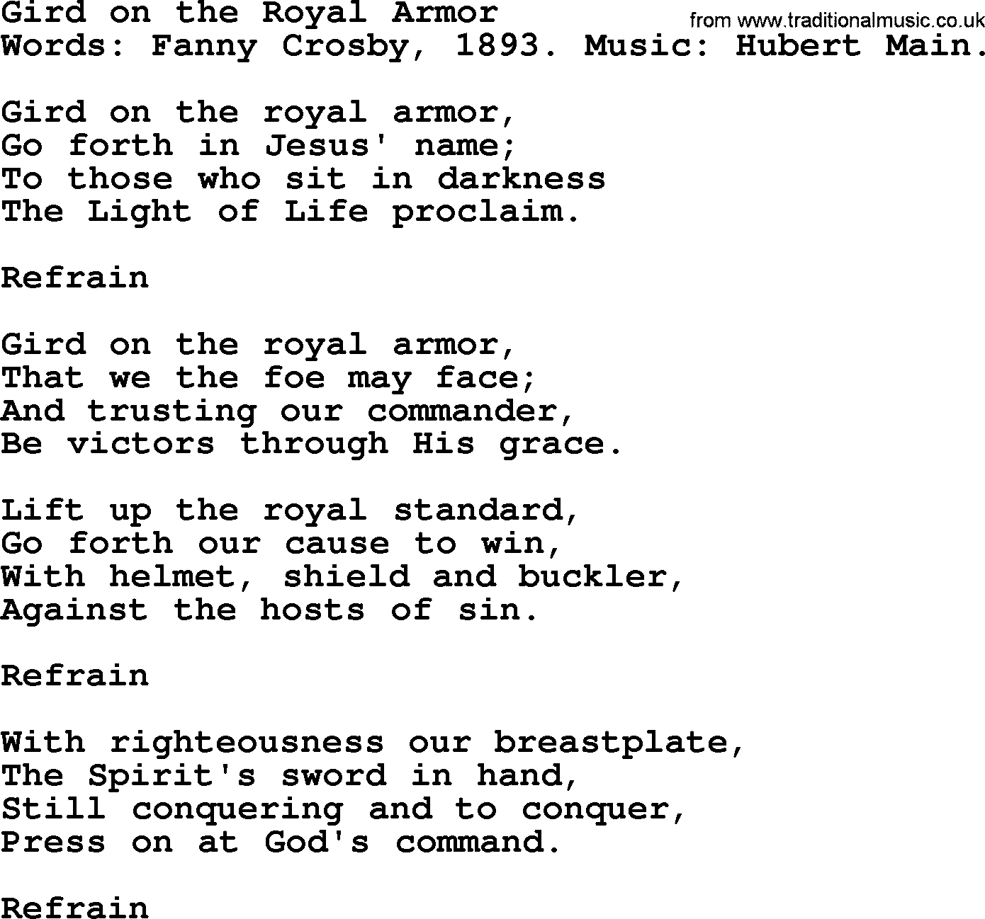 Fanny Crosby song: Gird On The Royal Armor, lyrics